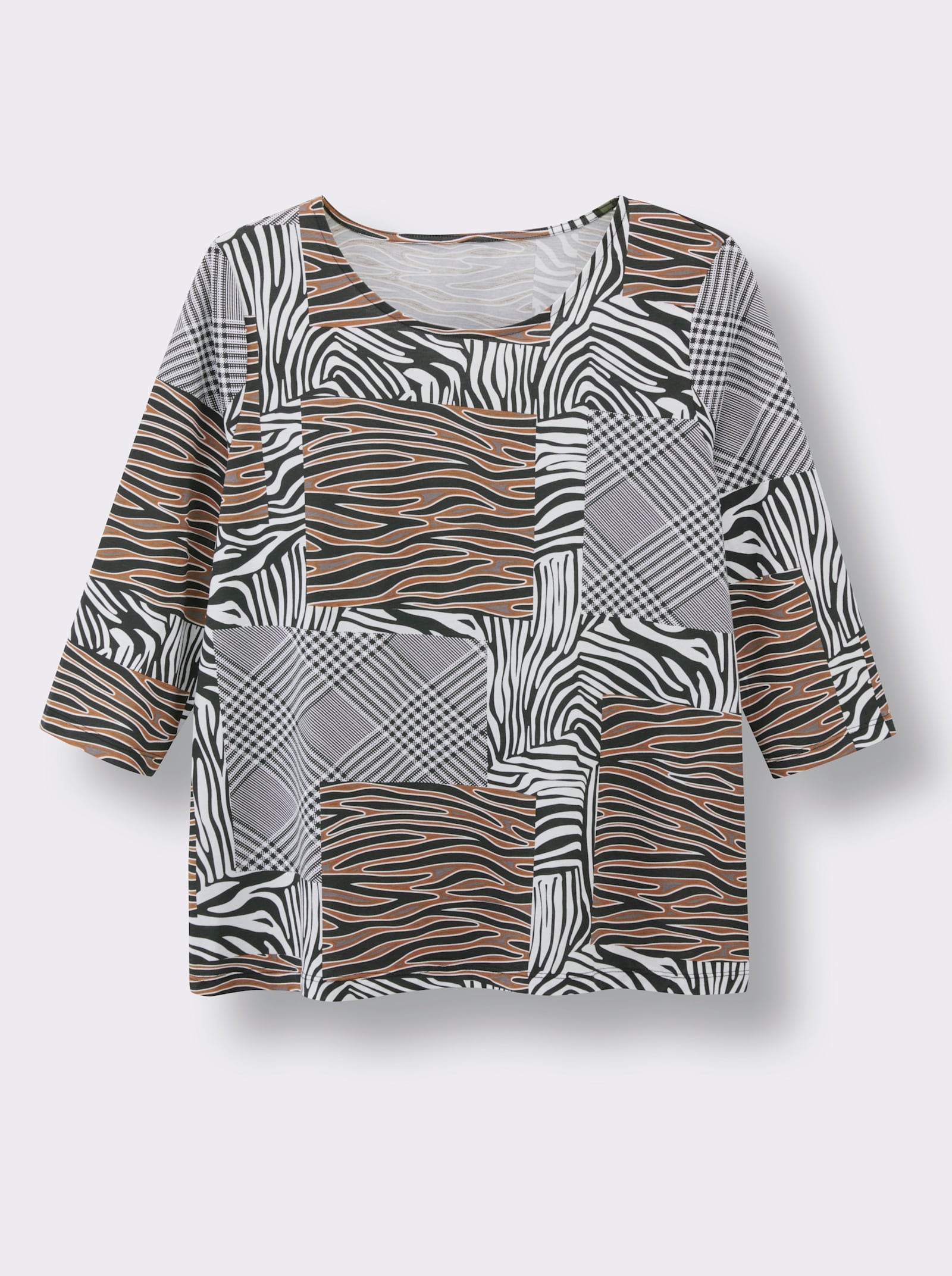 Rundhalsshirt - schwarz-cognac-bedruckt