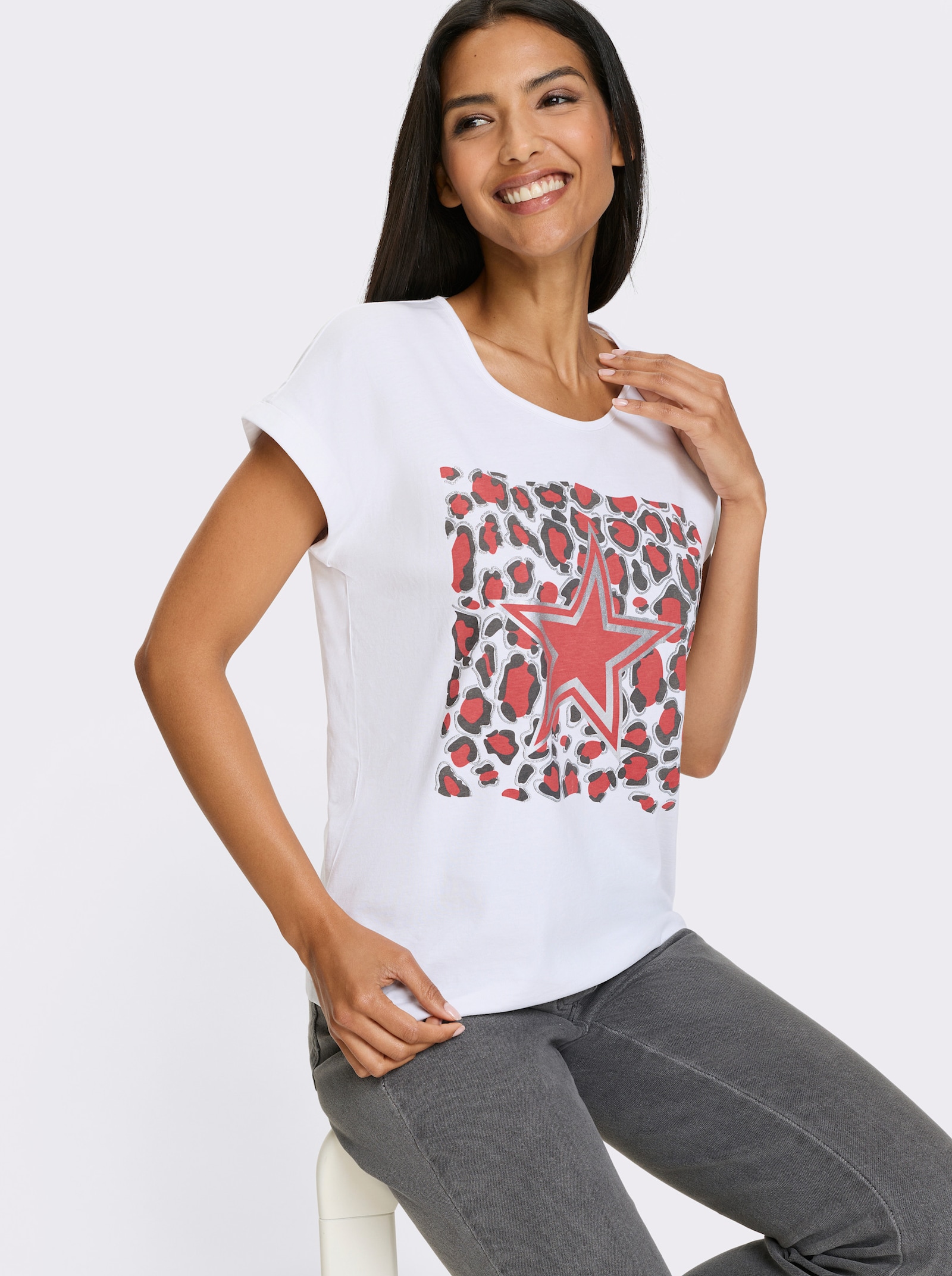 Tričko, krátke rukávy, lesklá a fóliová potlač - Bielo-grapefruitová