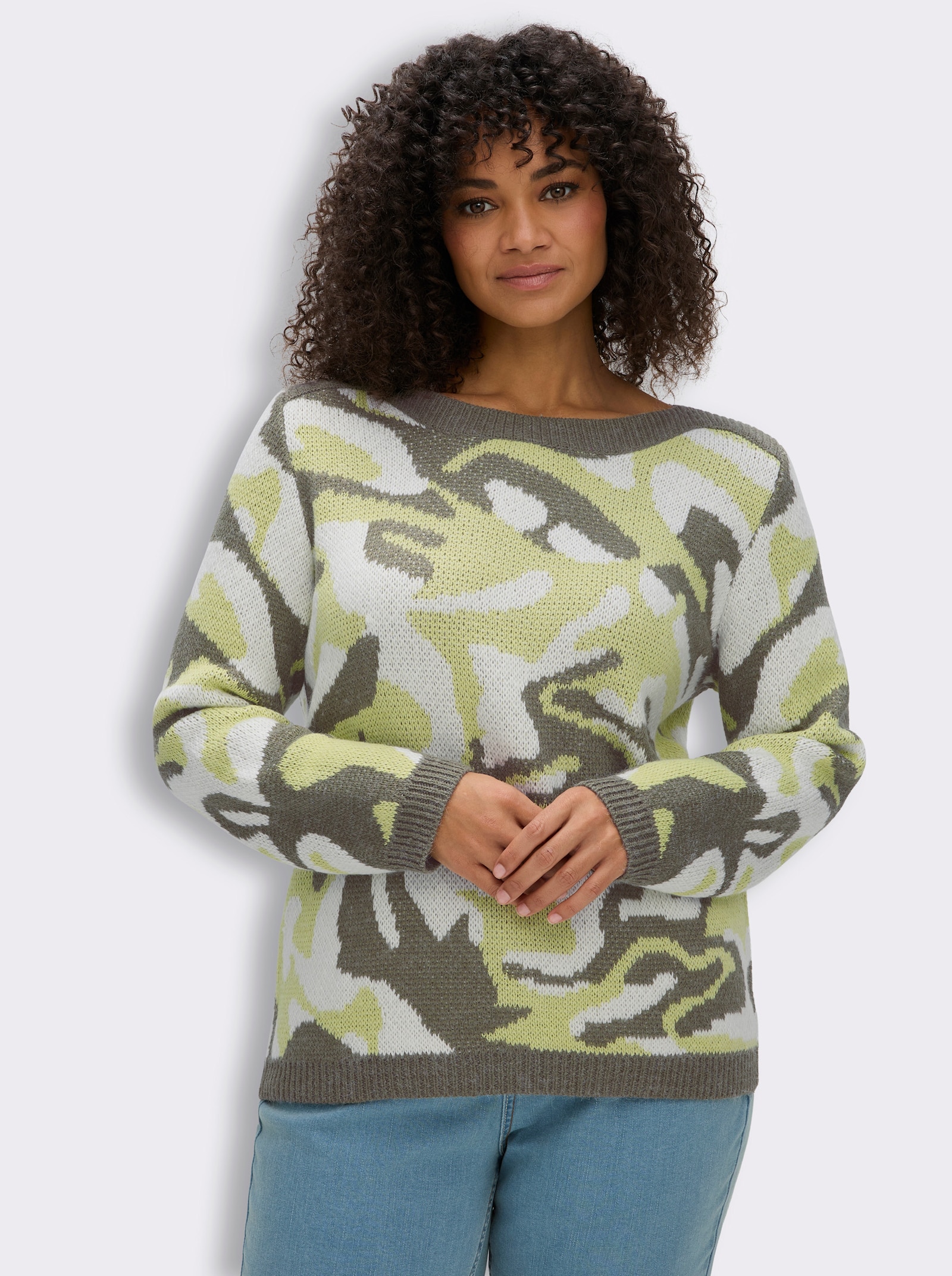 Jacquard-Pullover mit unifarbenen Abschlüssen - pistazie-khaki-gemustert