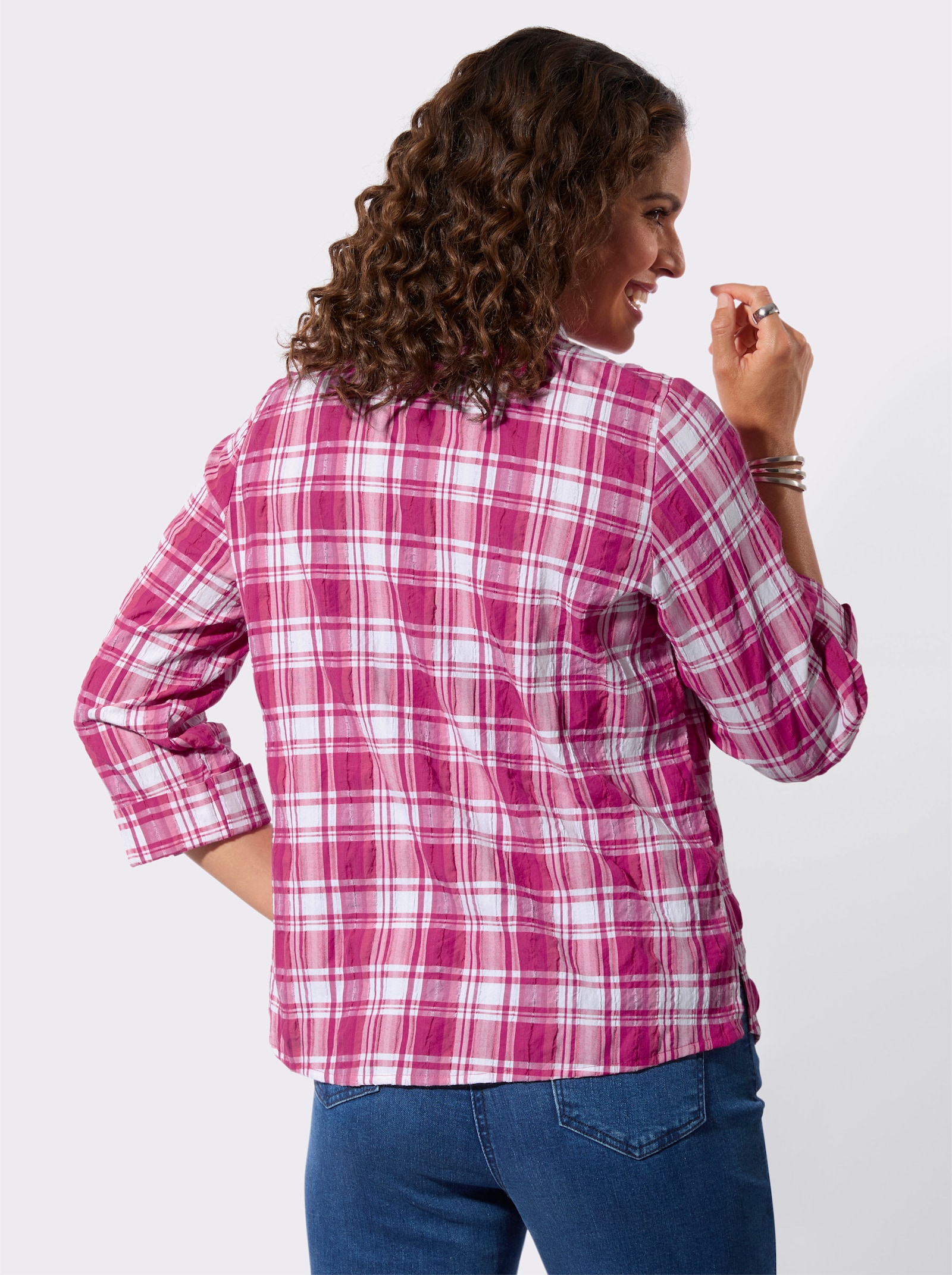 Geruite blouse van seersucker - magenta/wit geruit