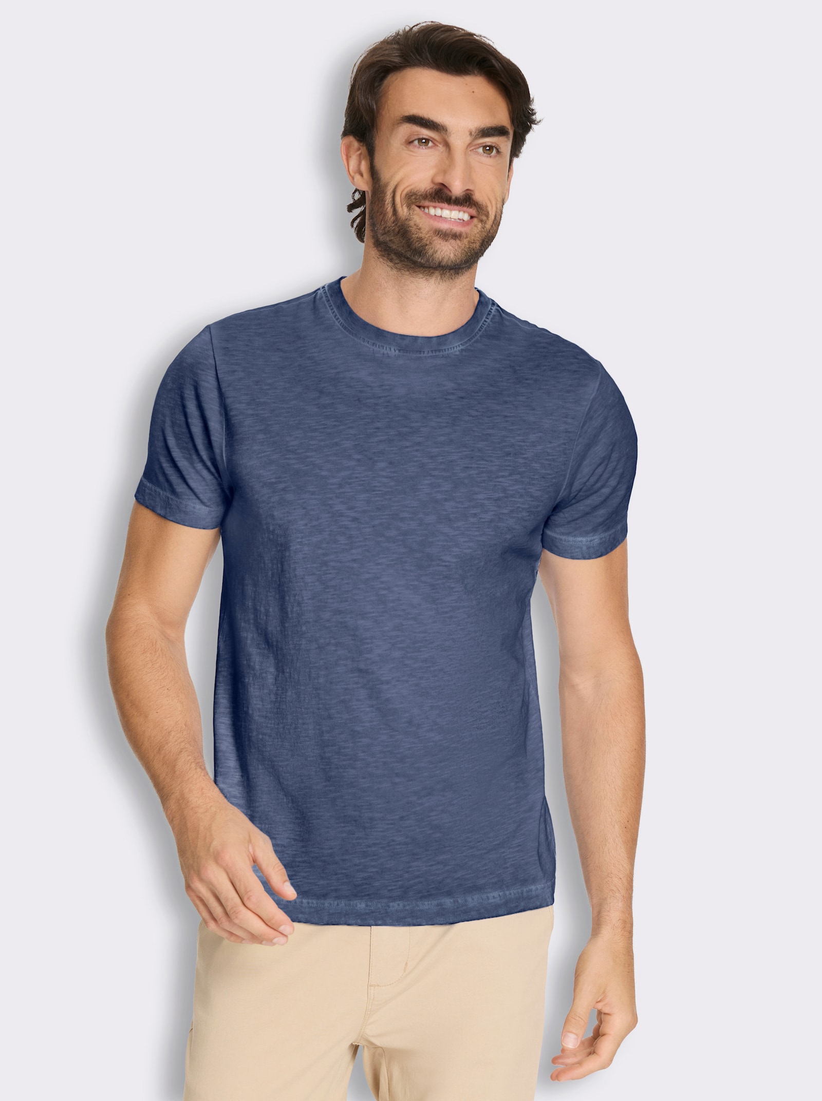 Kurzarmshirt mit Rundhals-Ausschnitt, Baumwolle - marine