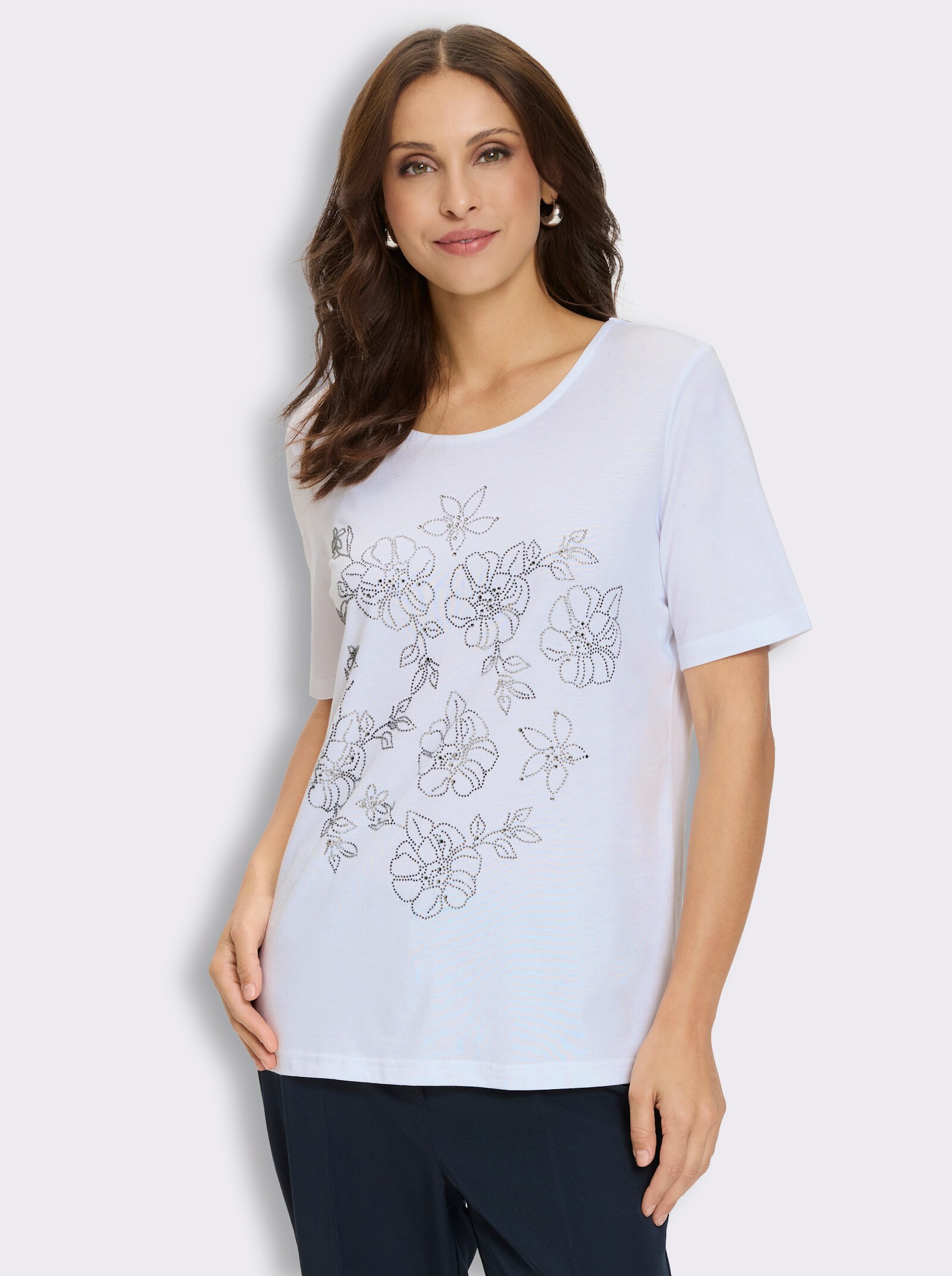 Rundhalsshirt mit Glitzersteinchen-Blüten - weiß