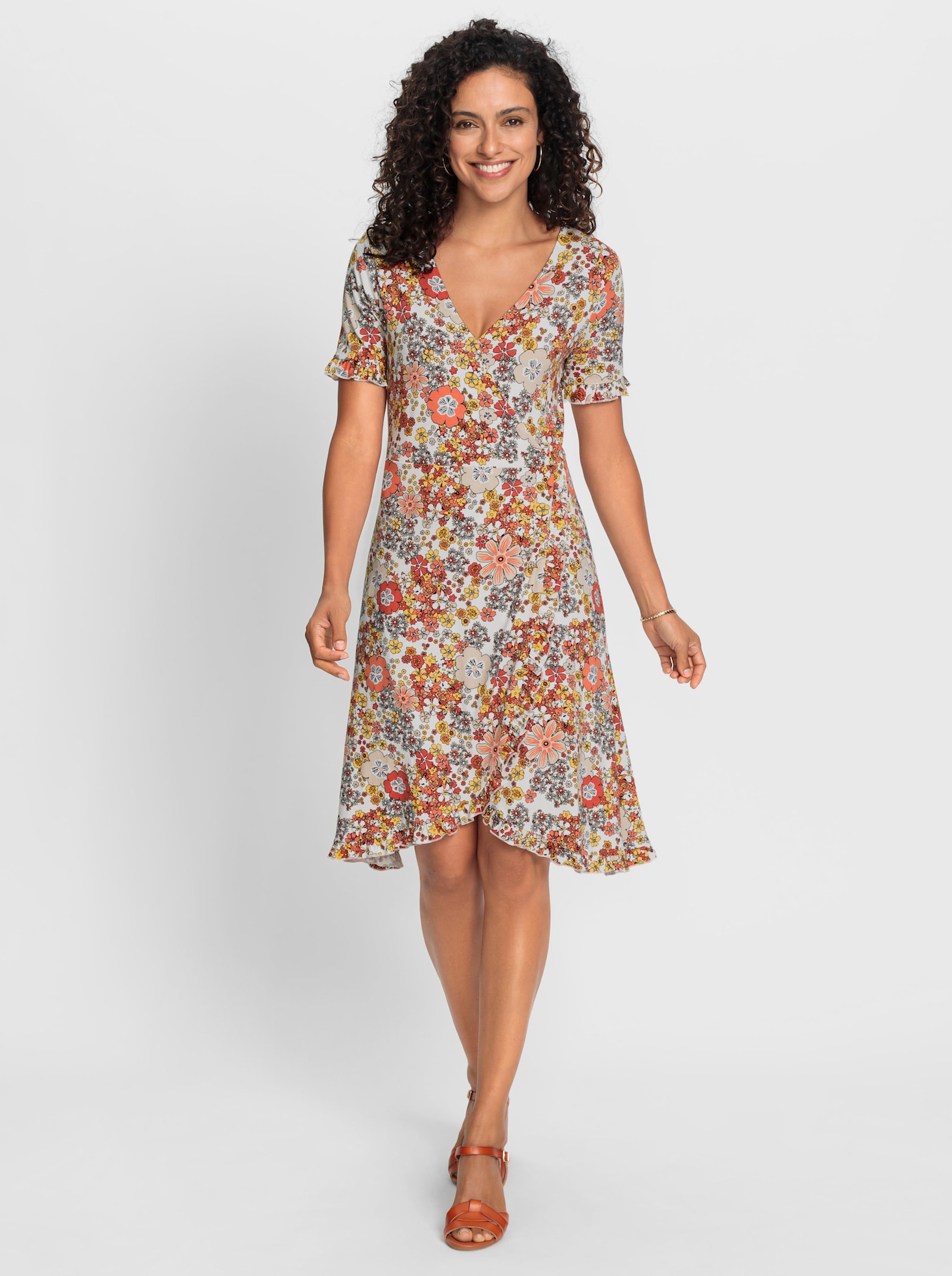 Jerseykleid in Wickel-Optik - ecru-papaya-bedruckt