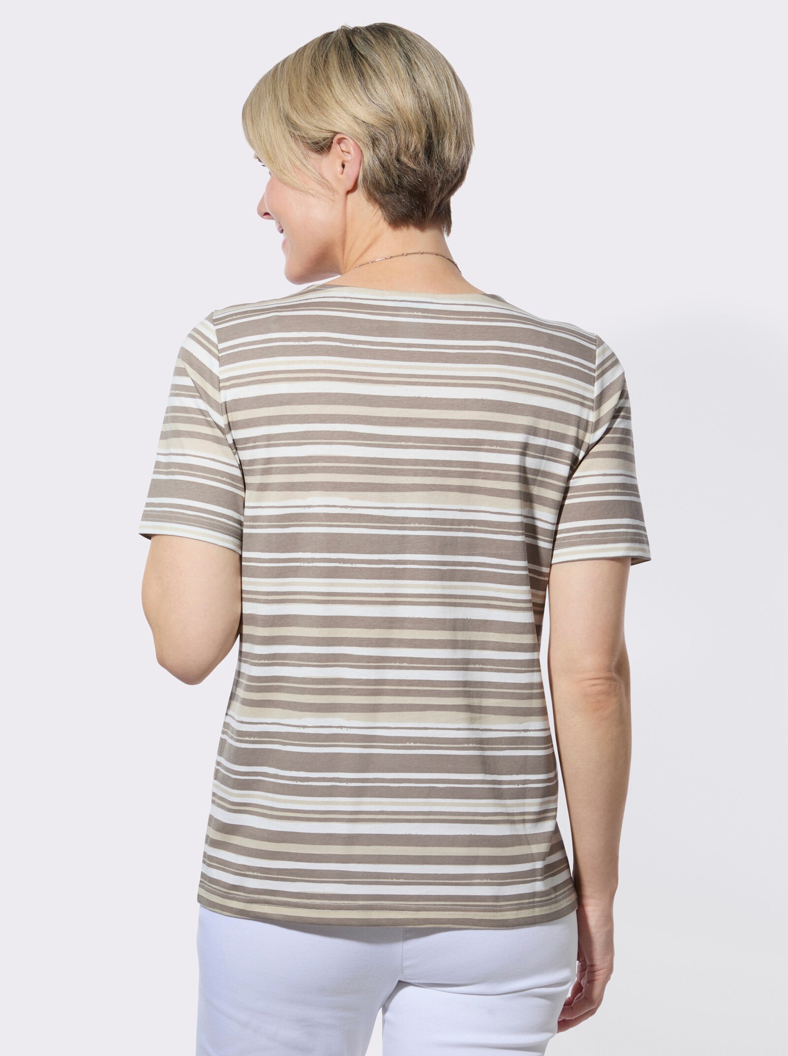 Kurzarmshirt im Ringel-Dessin - taupe-ecru-bedruckt