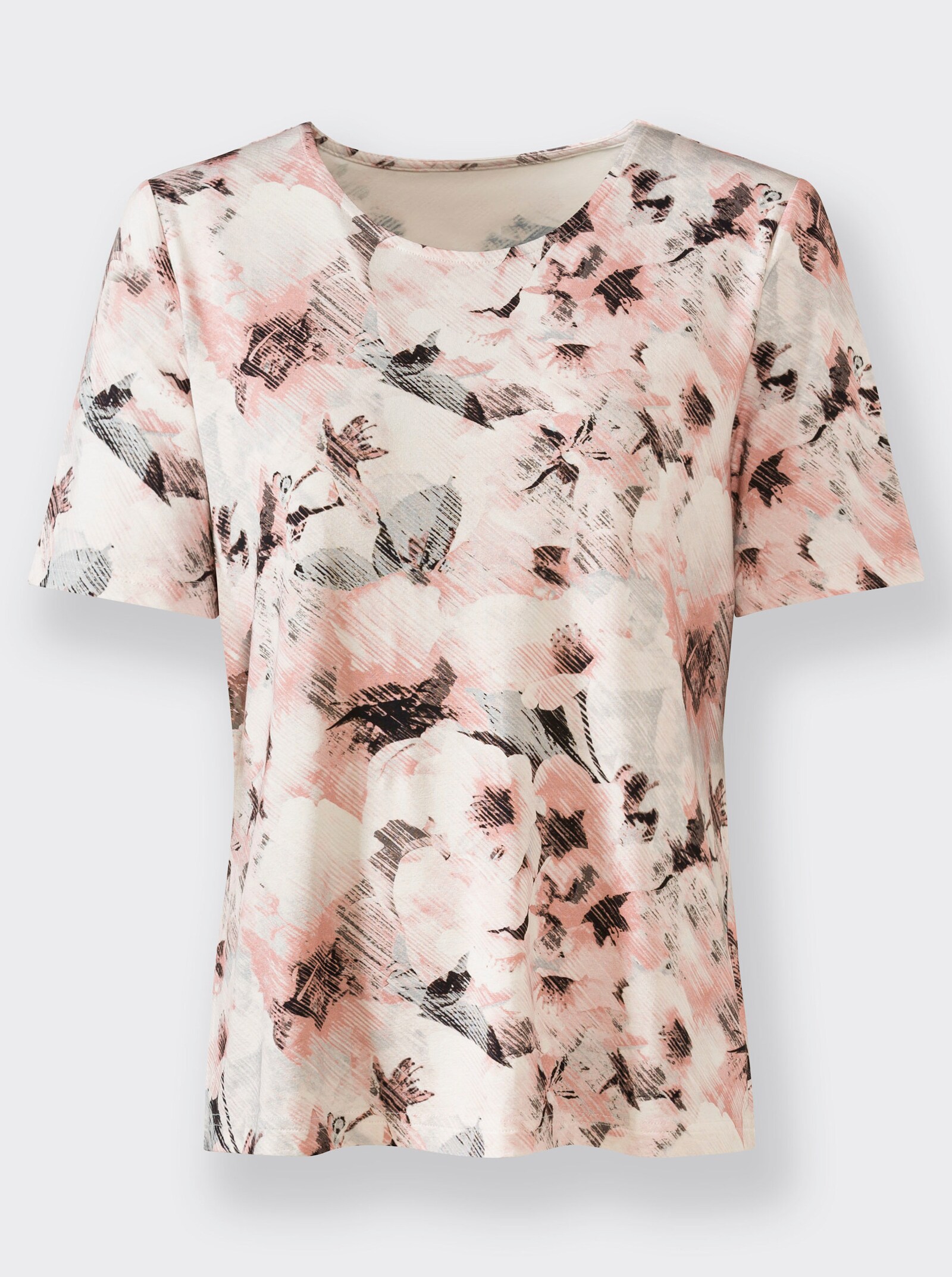 Rundhalsshirt in Viskose-Qualität, geblümt - hortensie-steingrau-bedruckt