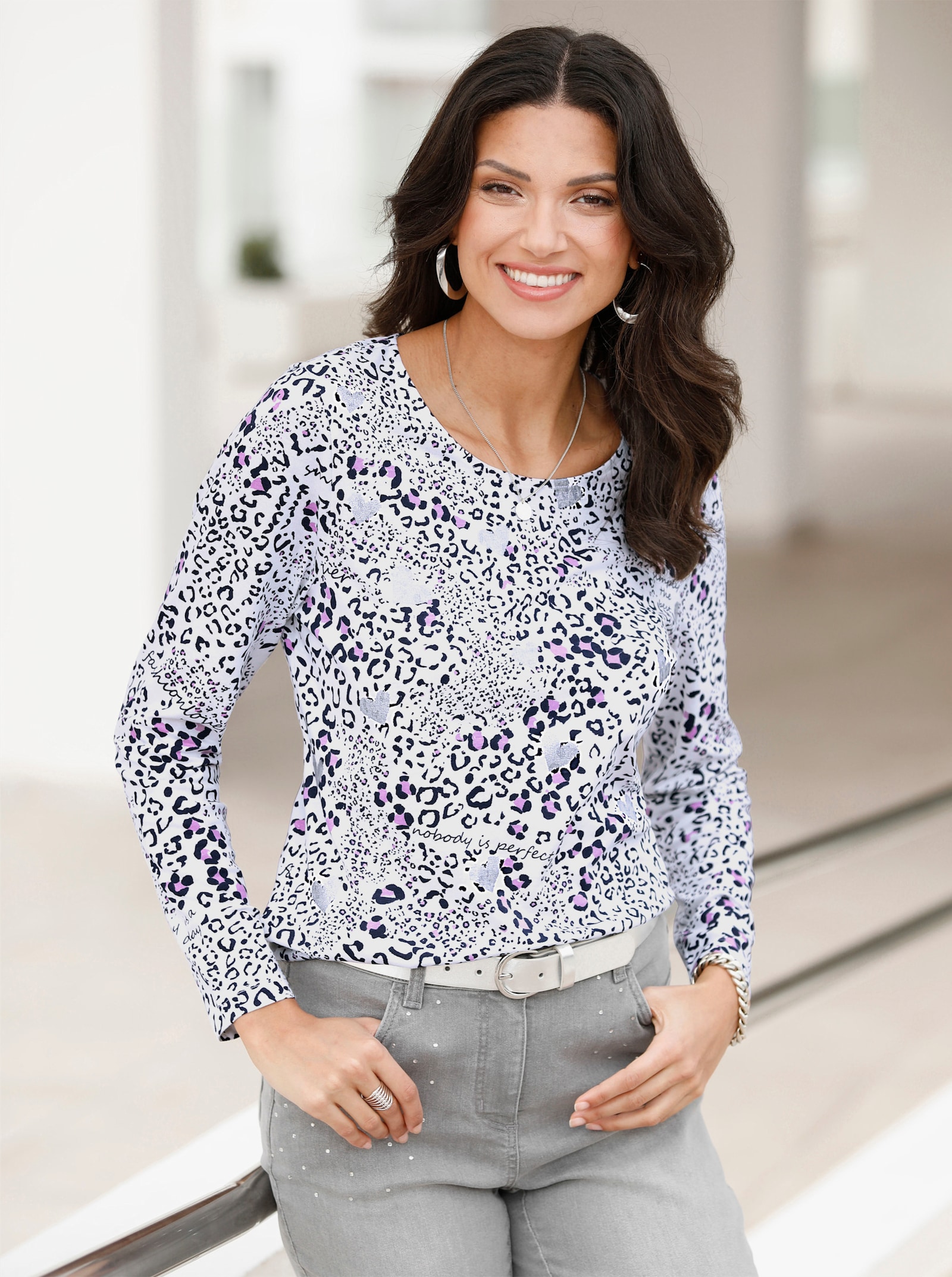 Langarmshirt im Animalmuster - ecru-marine-bedruckt