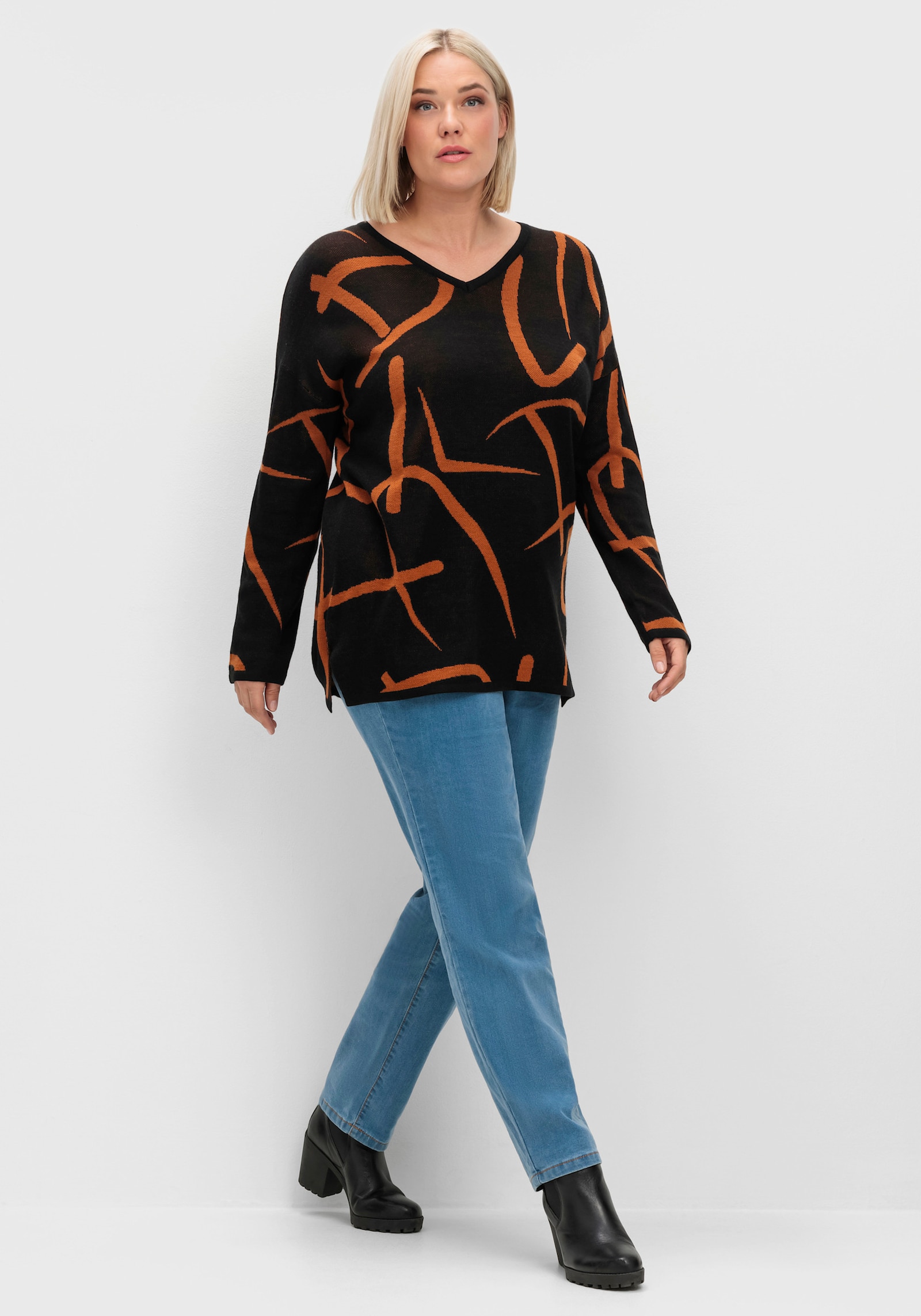 Longpullover mit Seitenschlitzen - schwarz-cognac-gemustert