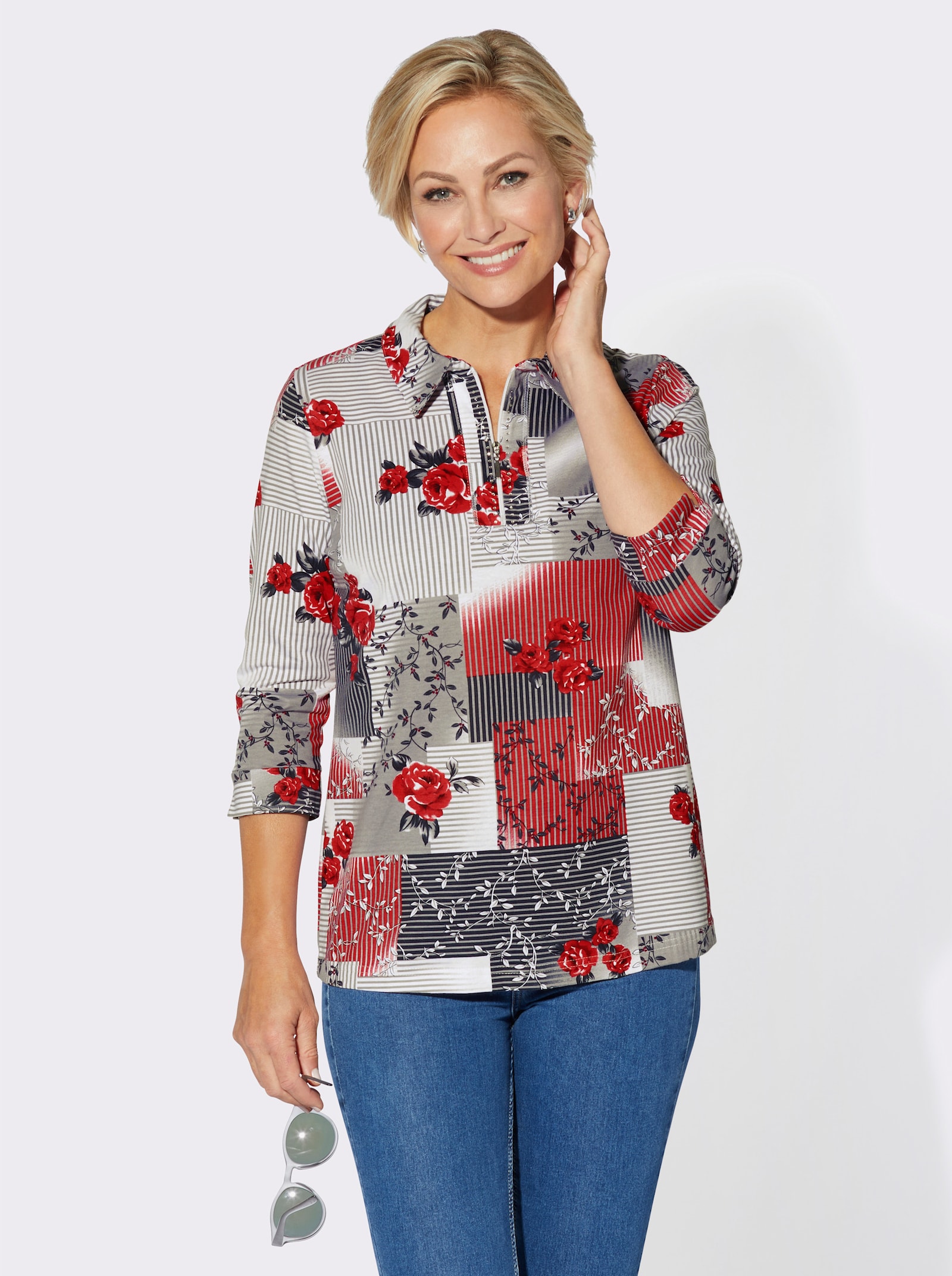 3/4-Arm-Shirt mit Glitzersteinchen - erdbeere-steingrau-bedruckt