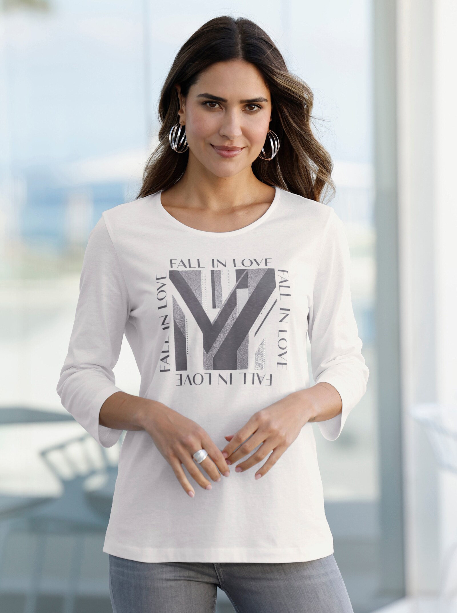 3/4-Arm-Shirt mit Glitzerdruck - ecru-grau