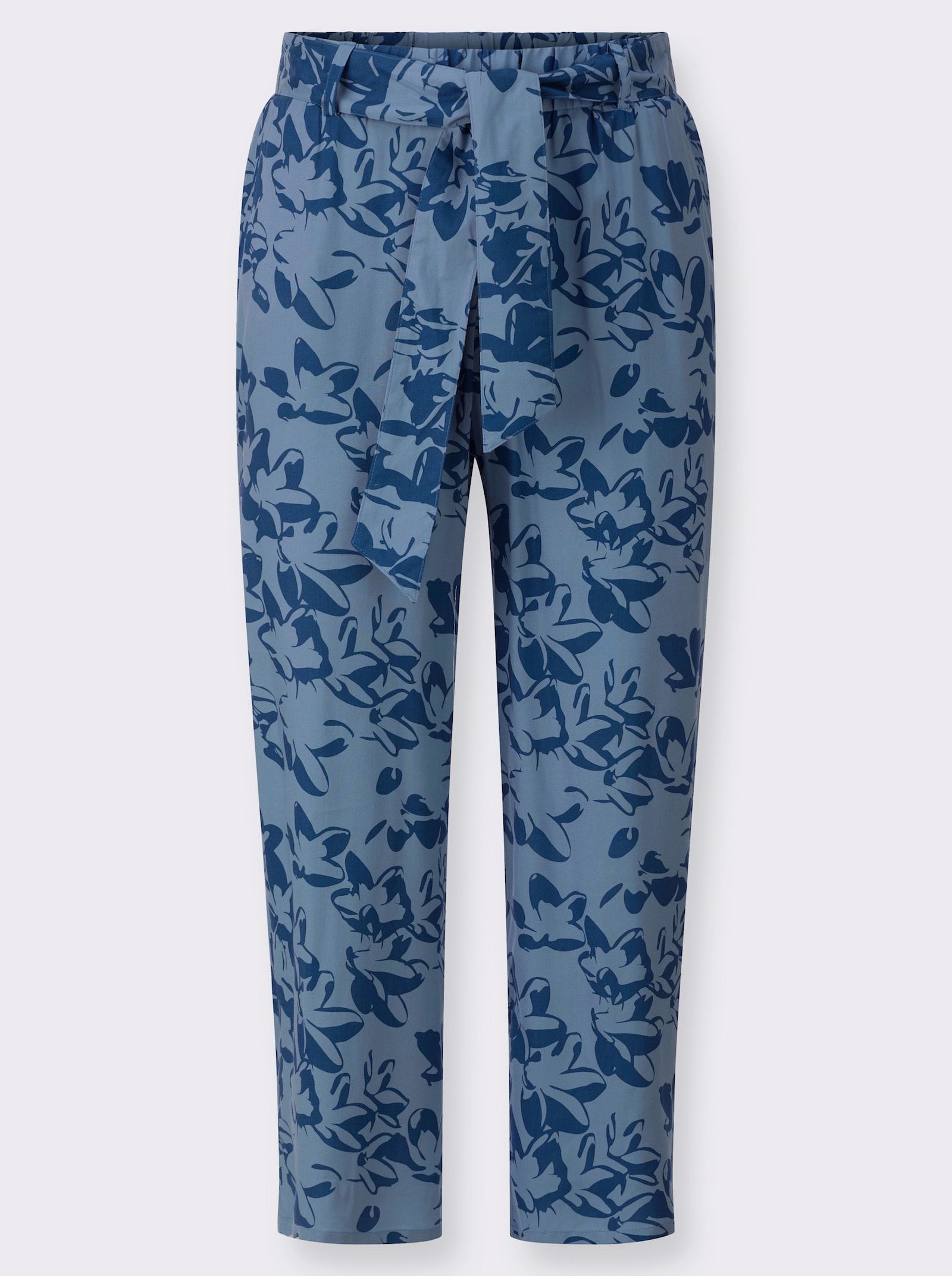 Ankelbyxa med tryckt knytskärp - jeansblå-blekblå-med tryck