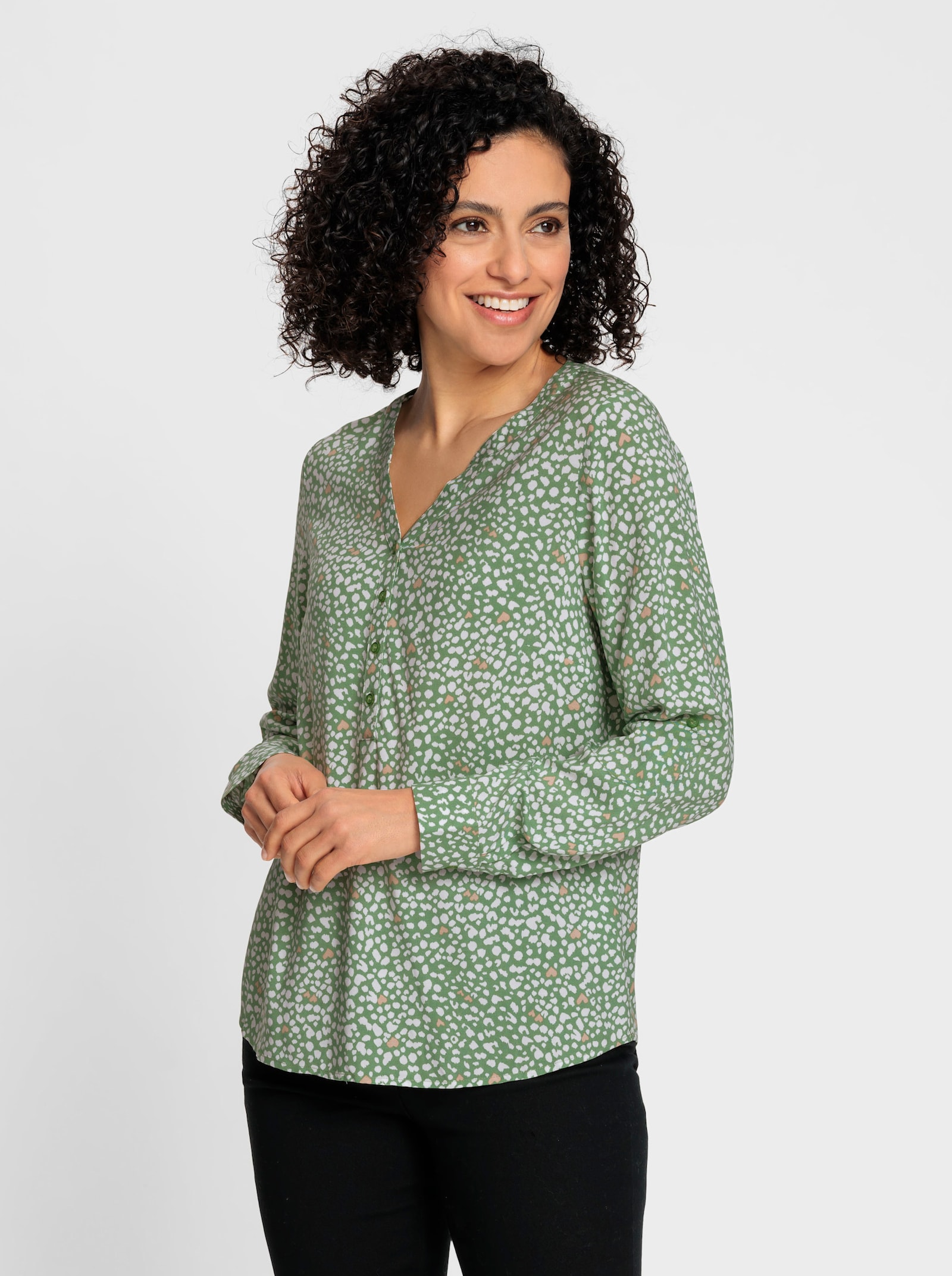 Langarm-Bluse im Druck-Dessin - eucalyptus-ecru-bedruckt