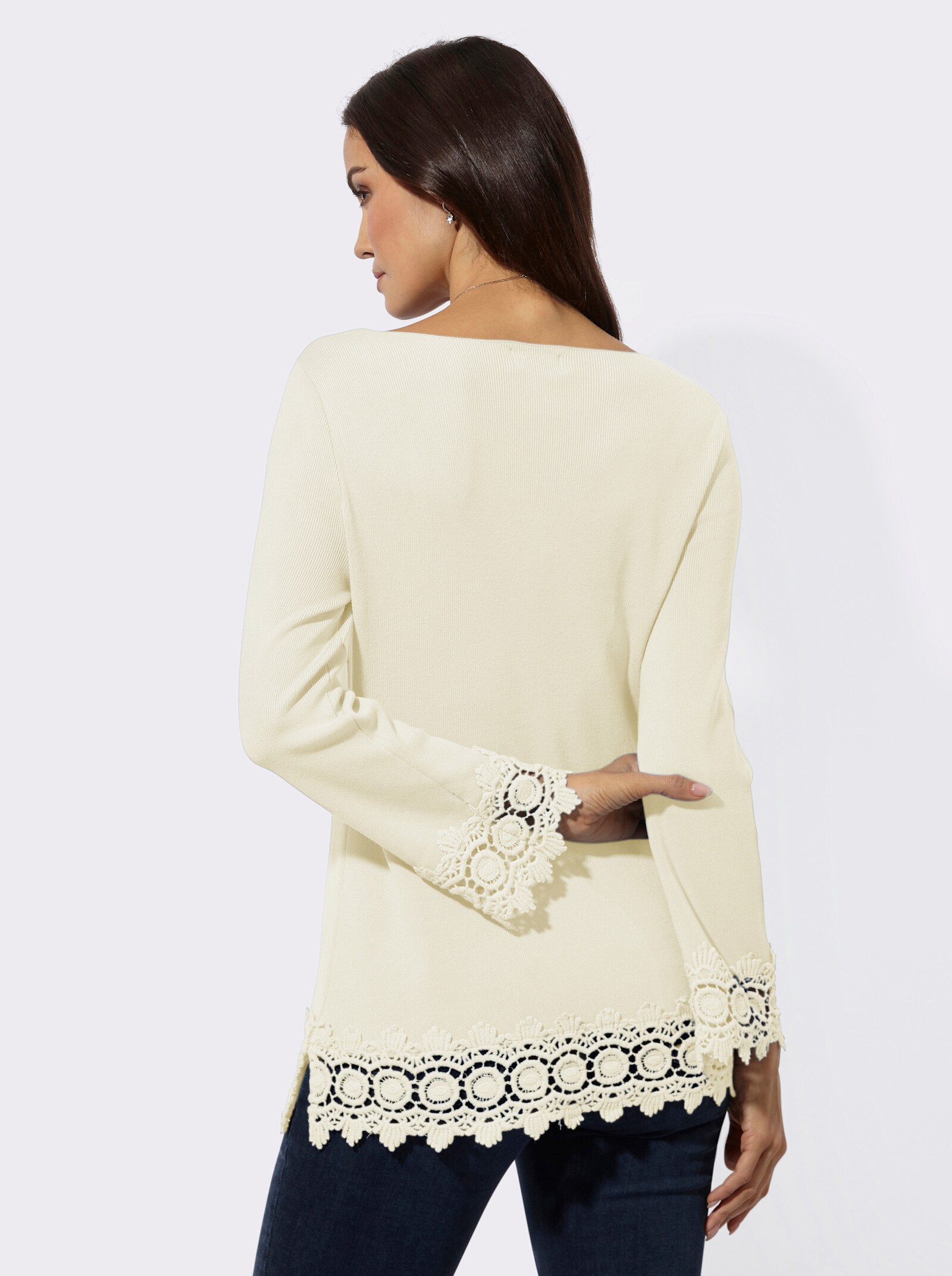 Langarm-Pullover mit Spitzenbordüre - champagner