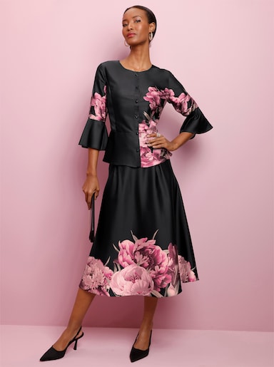 Druckbluse mit Volant-Abschluss - schwarz-hortensie-bedruckt