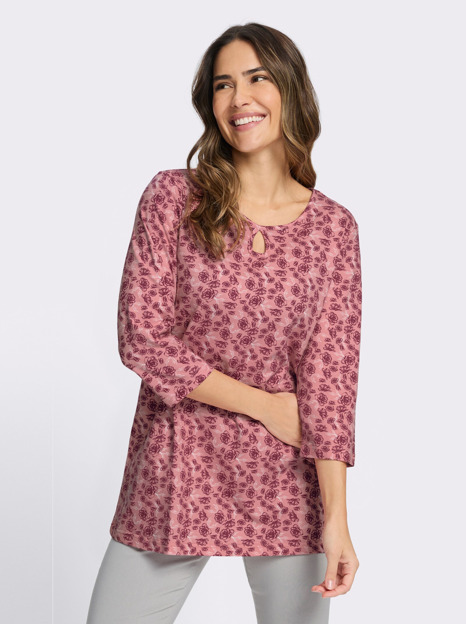 Longshirt mit Tropfen-Ausschnitt - rosenquarz-bordeaux-bedruckt