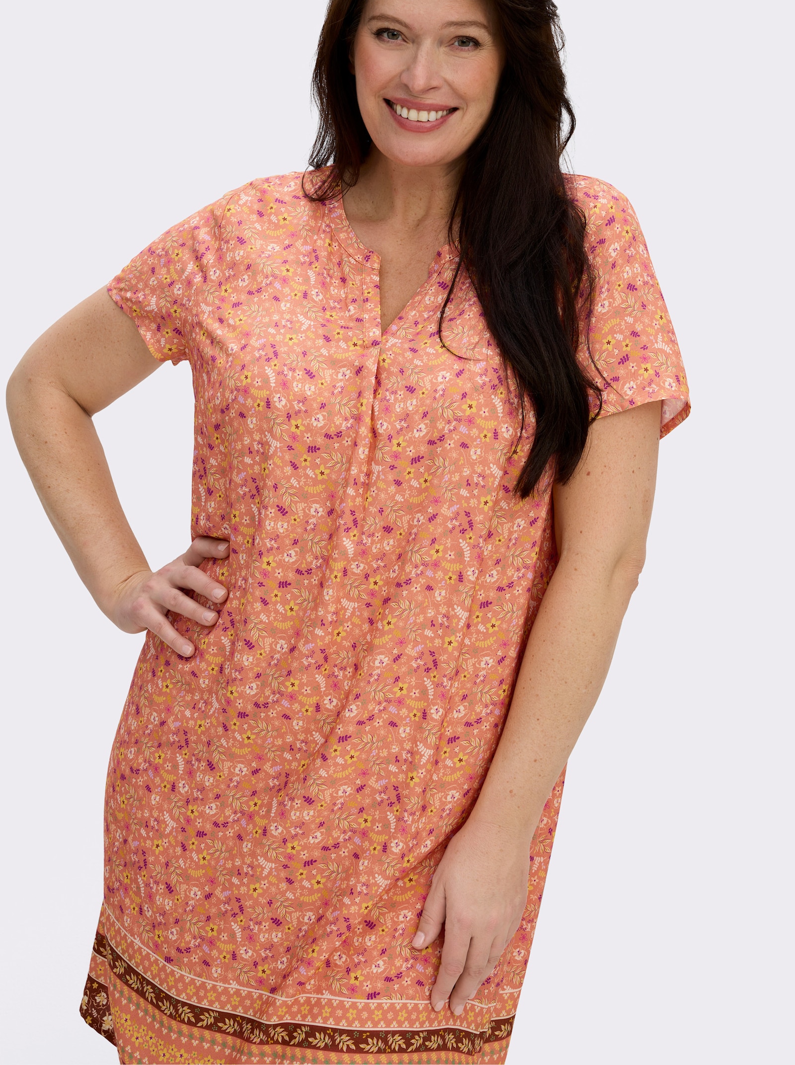 Druckkleid mit Blümchen- und Bordürenmuster - papaya-rotbraun-bedruckt