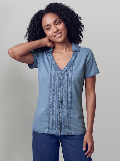 heine V-Shirt mit Rüschen - bleu