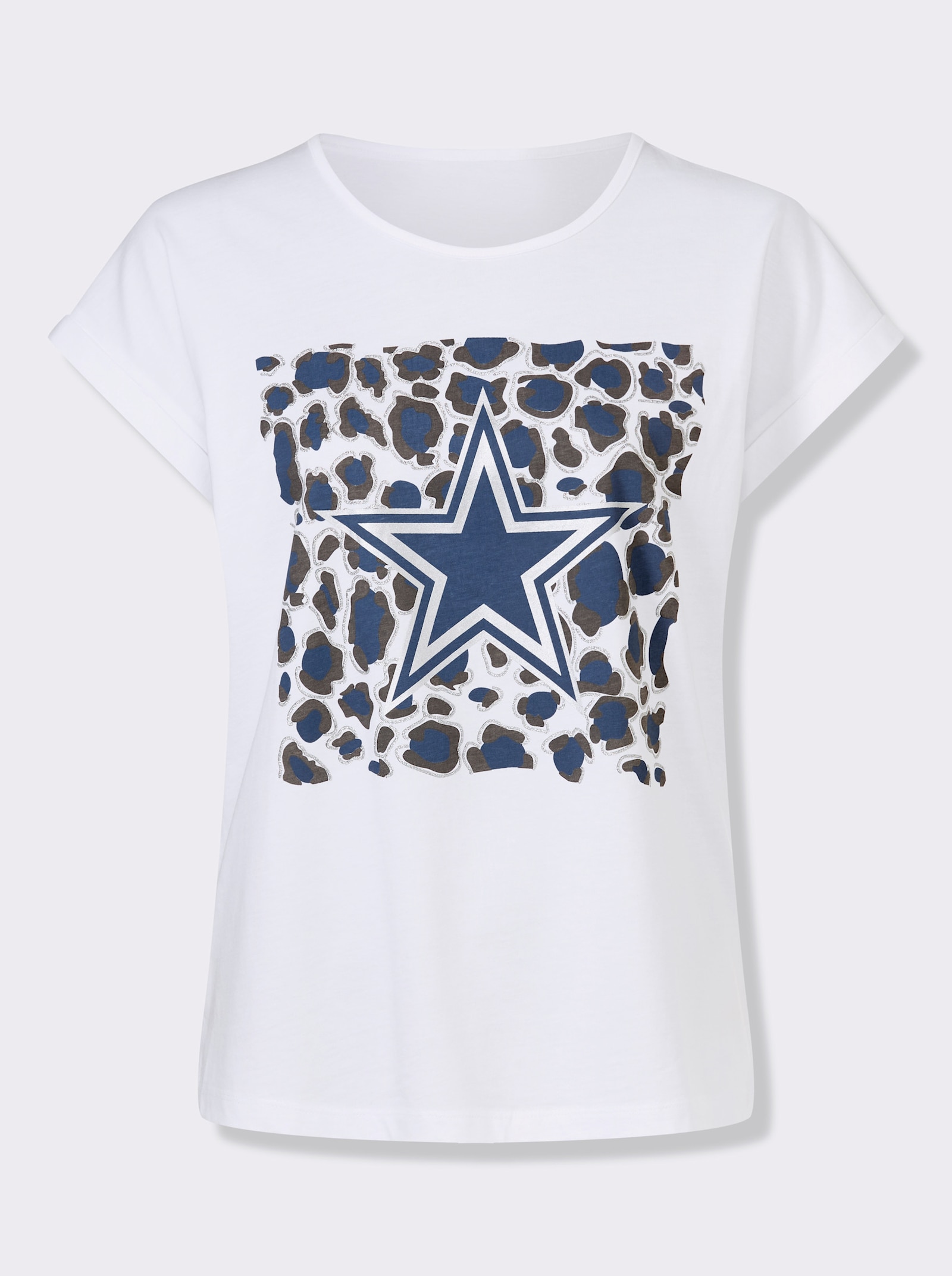 Kurzarmshirt mit Glitzer- und Folien-Print - weiß-jeansblau