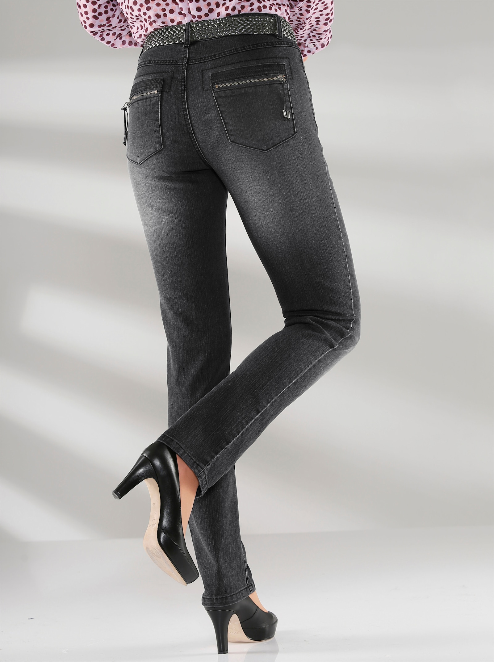 Skinny jeans met rits op achterzakken - antraciet-denim