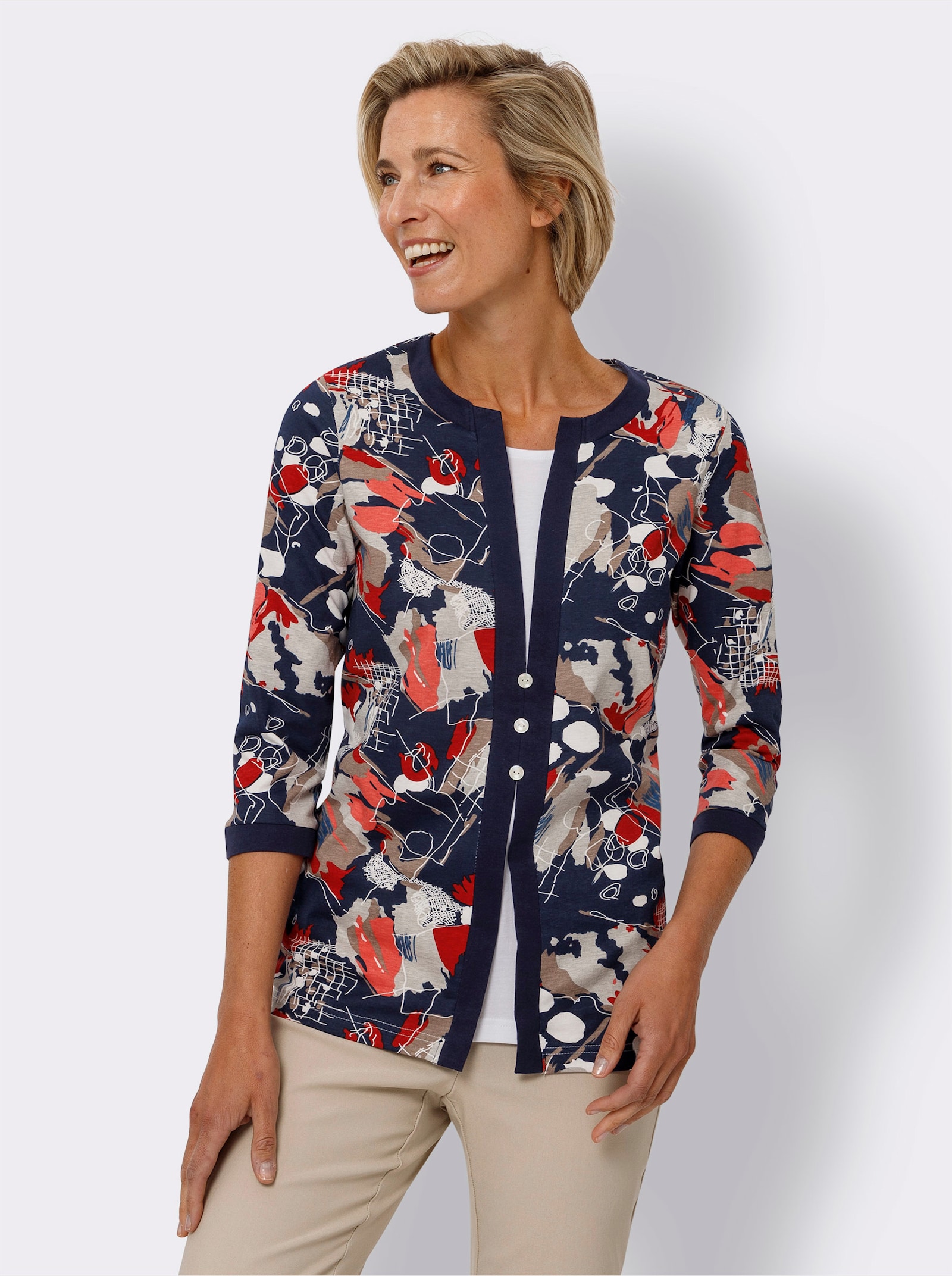 2-in-1-Shirt mit 3/4-Ärmeln - marine-koralle-bedruckt