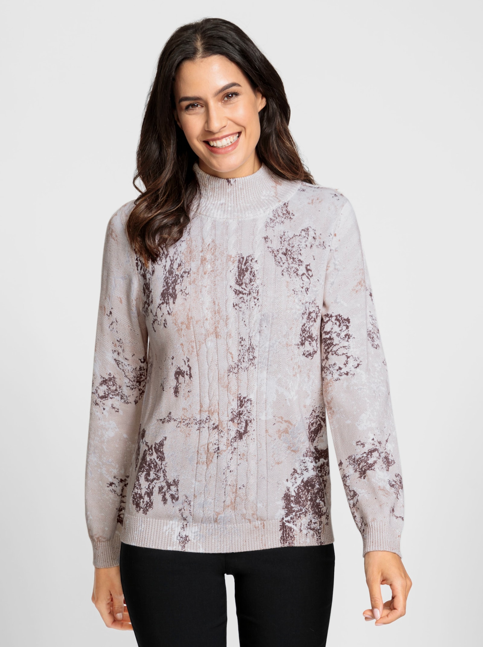 Feinstrickpullover mit höherem Stehkragen - beige-bedruckt