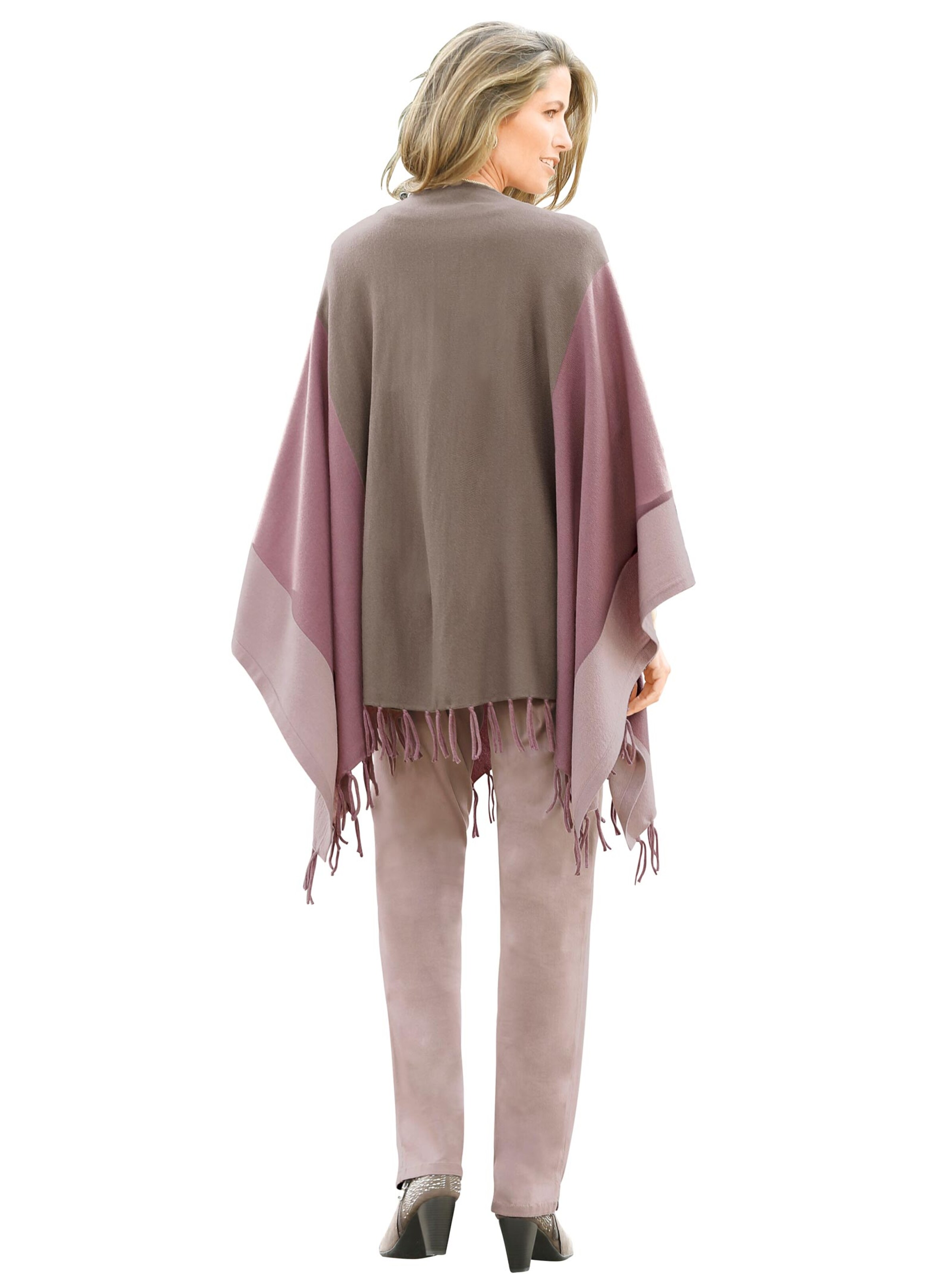 Strickponcho - taupe-rosé-gestreift