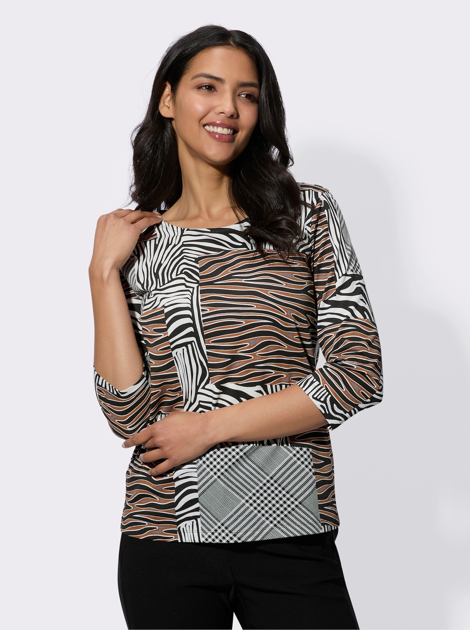 Shirt met ronde hals en patchworkpatroon - zwart/cognac bedrukt