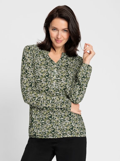 Langarmshirt mit Gummizug am Saum - ecru-schilf-bedruckt