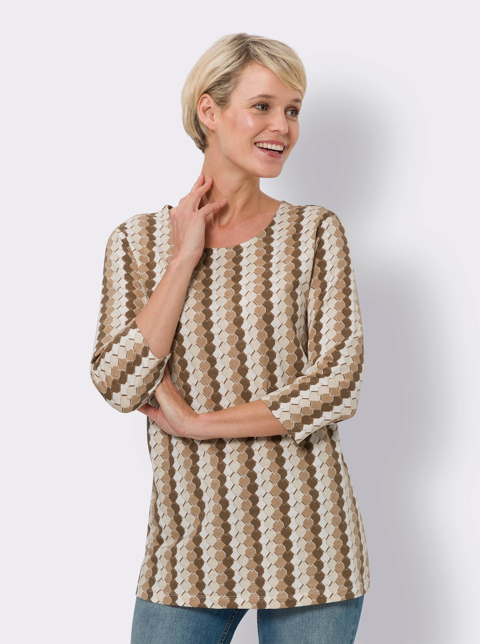 3/4-Arm-Shirt in längerer Form - camel-braun-bedruckt