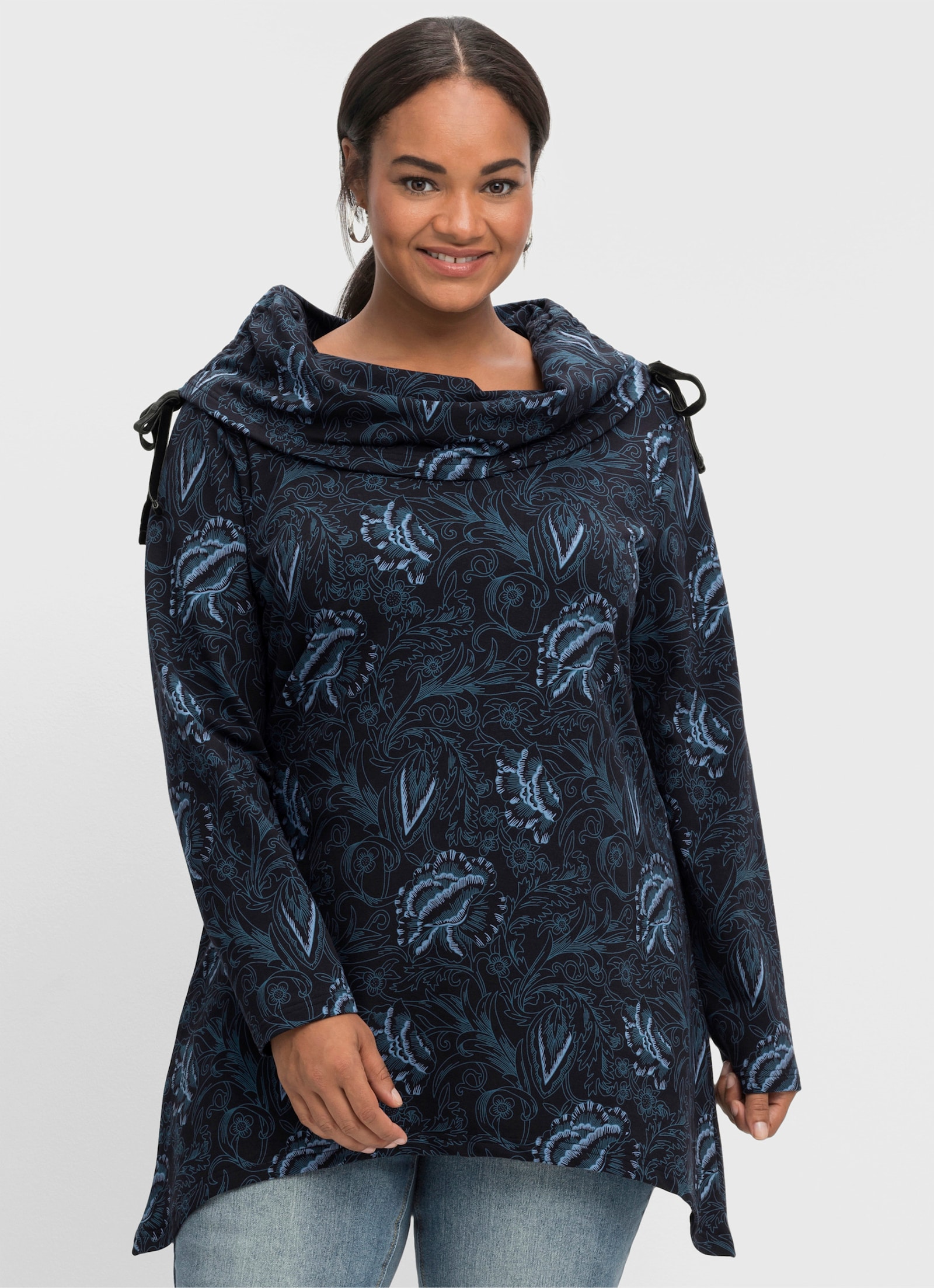 sheego by Joe Browns Sweatshirt mit weitem Schalkragen - schwarz-bedruckt