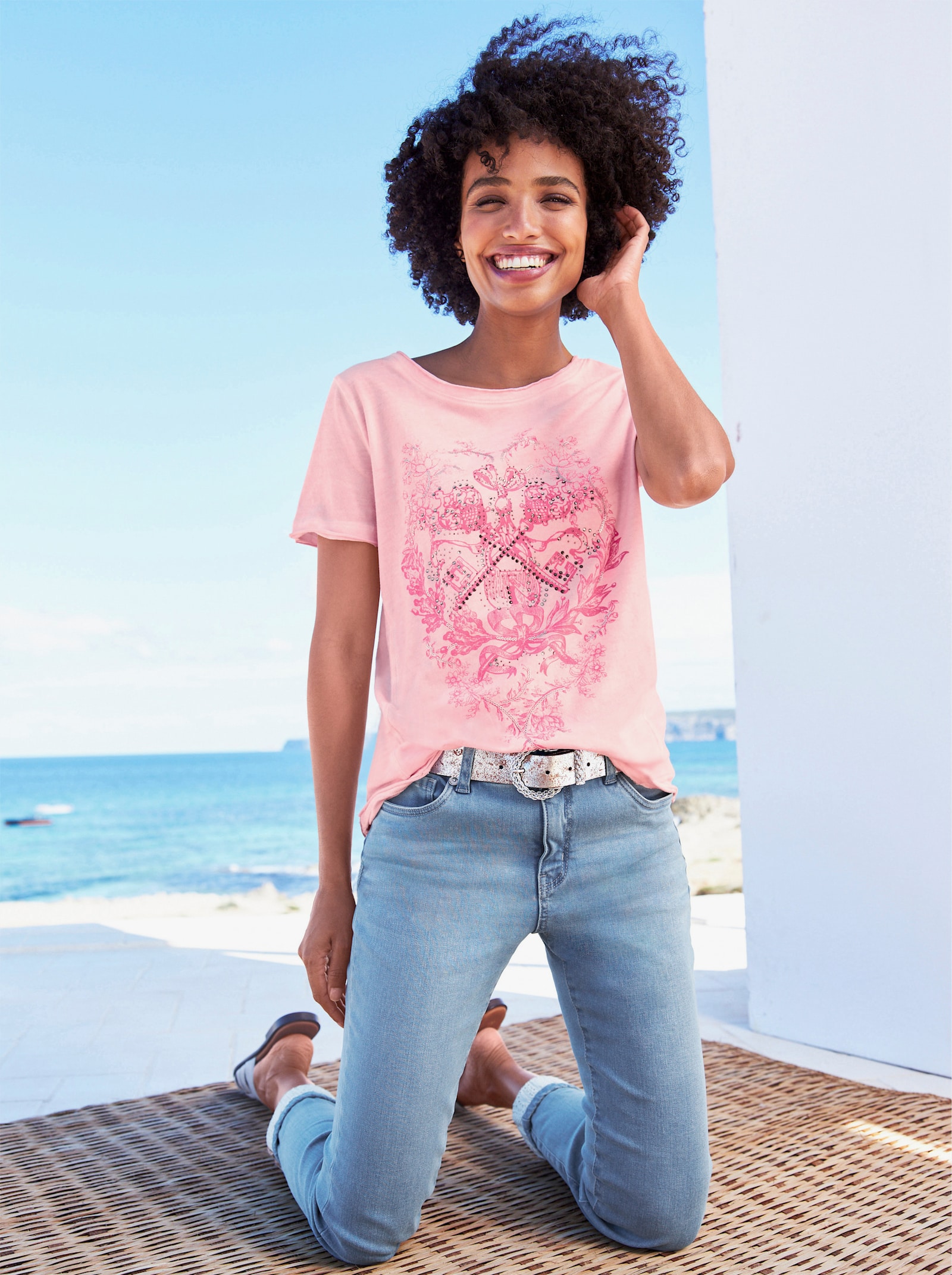 heine Kurzarmshirt in Oil-dyed-Waschung - hellrosé