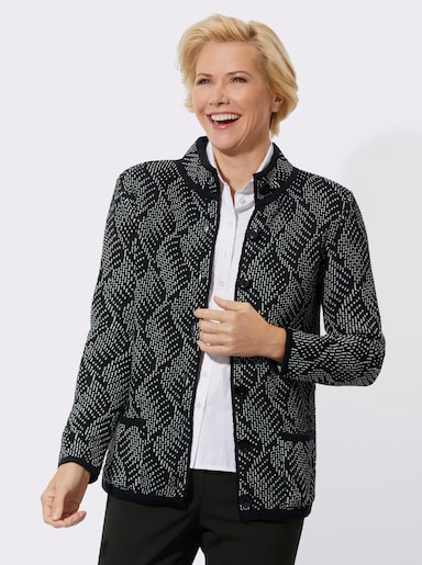 Strickjacke mit Schurwolle - schwarz-ecru-gemustert