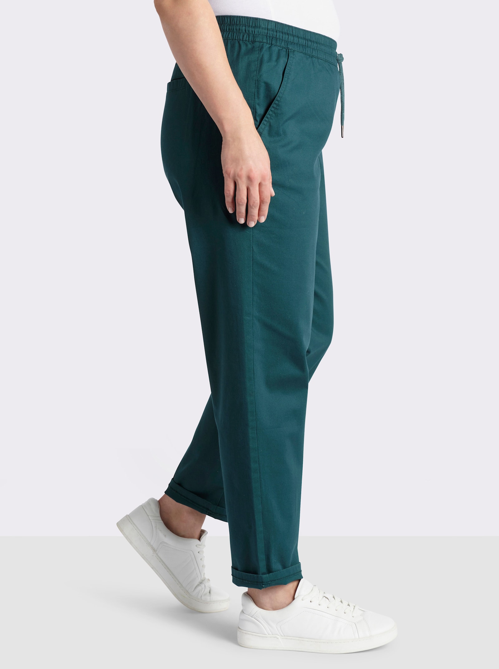 sheego Chinobroek met elastische band en bindceintuur - petrol