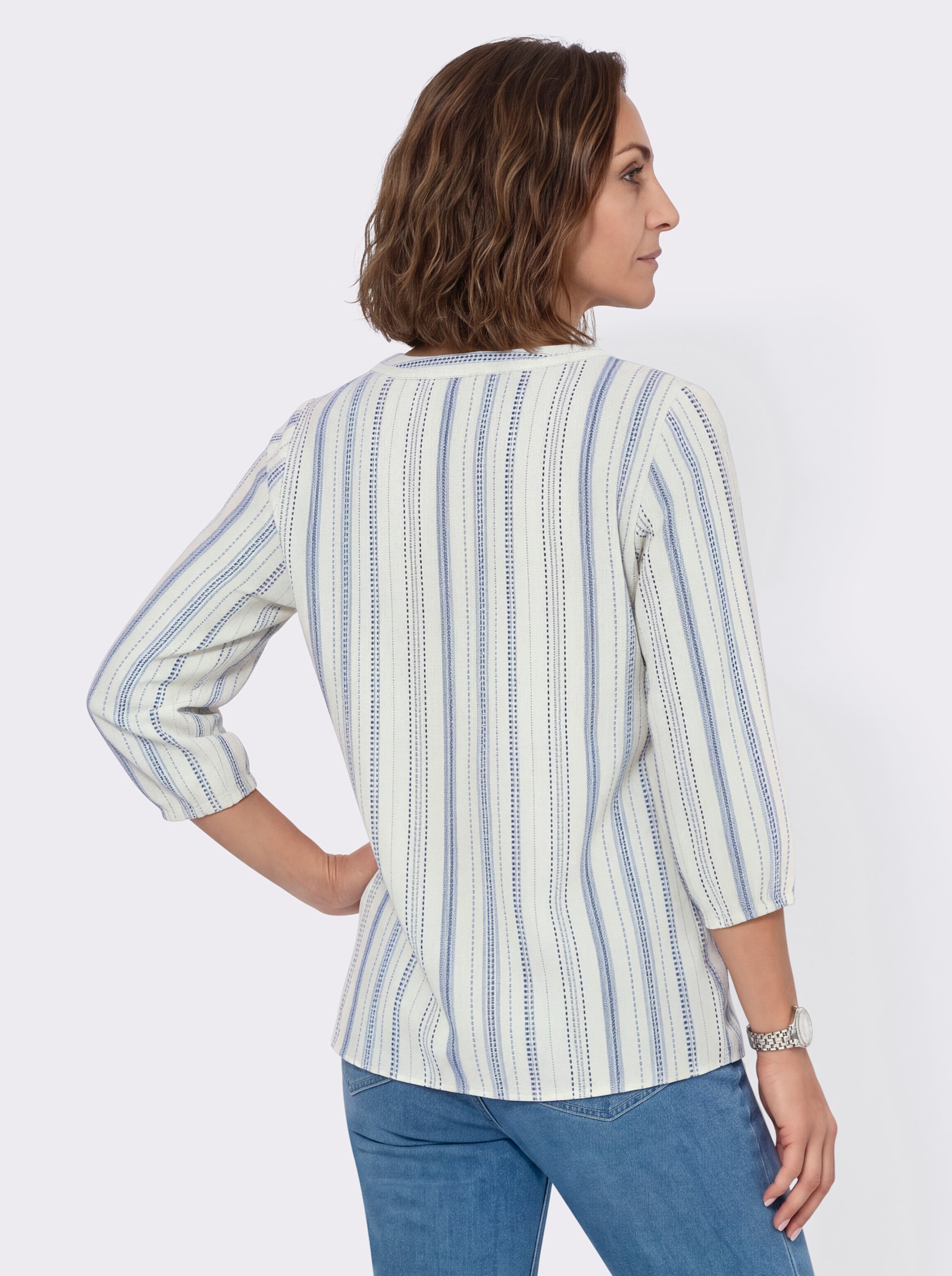 Schlupfbluse mit schmeichelnden Längsstreifen - mittelblau-ecru-gestreift