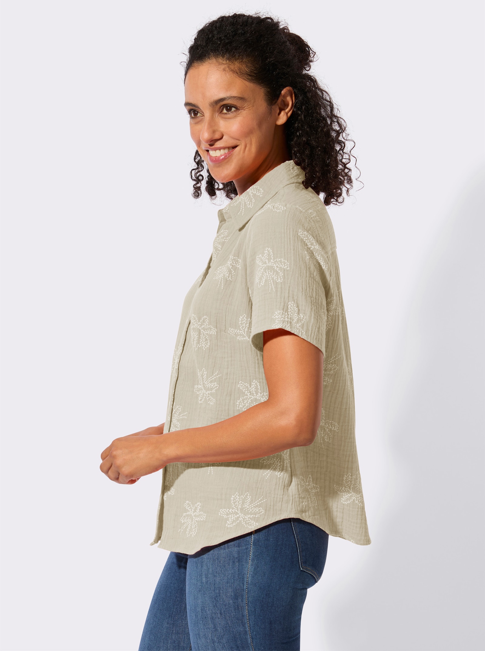 Baumwollbluse mit Palmen-Print - sand-ecru