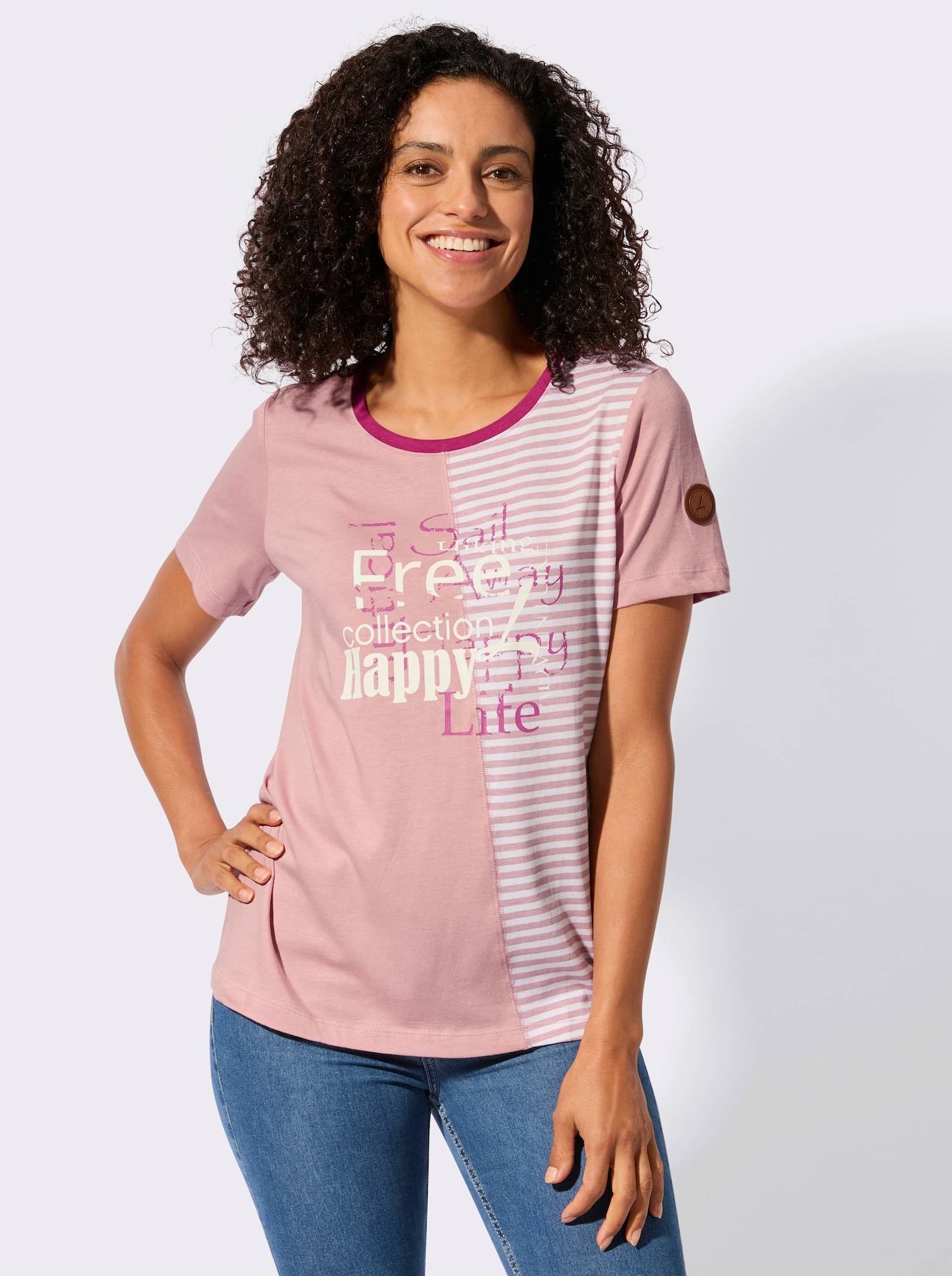 Rundhalsshirt mit Schriftzug und Streifen-Print - hortensie-erika-bedruckt