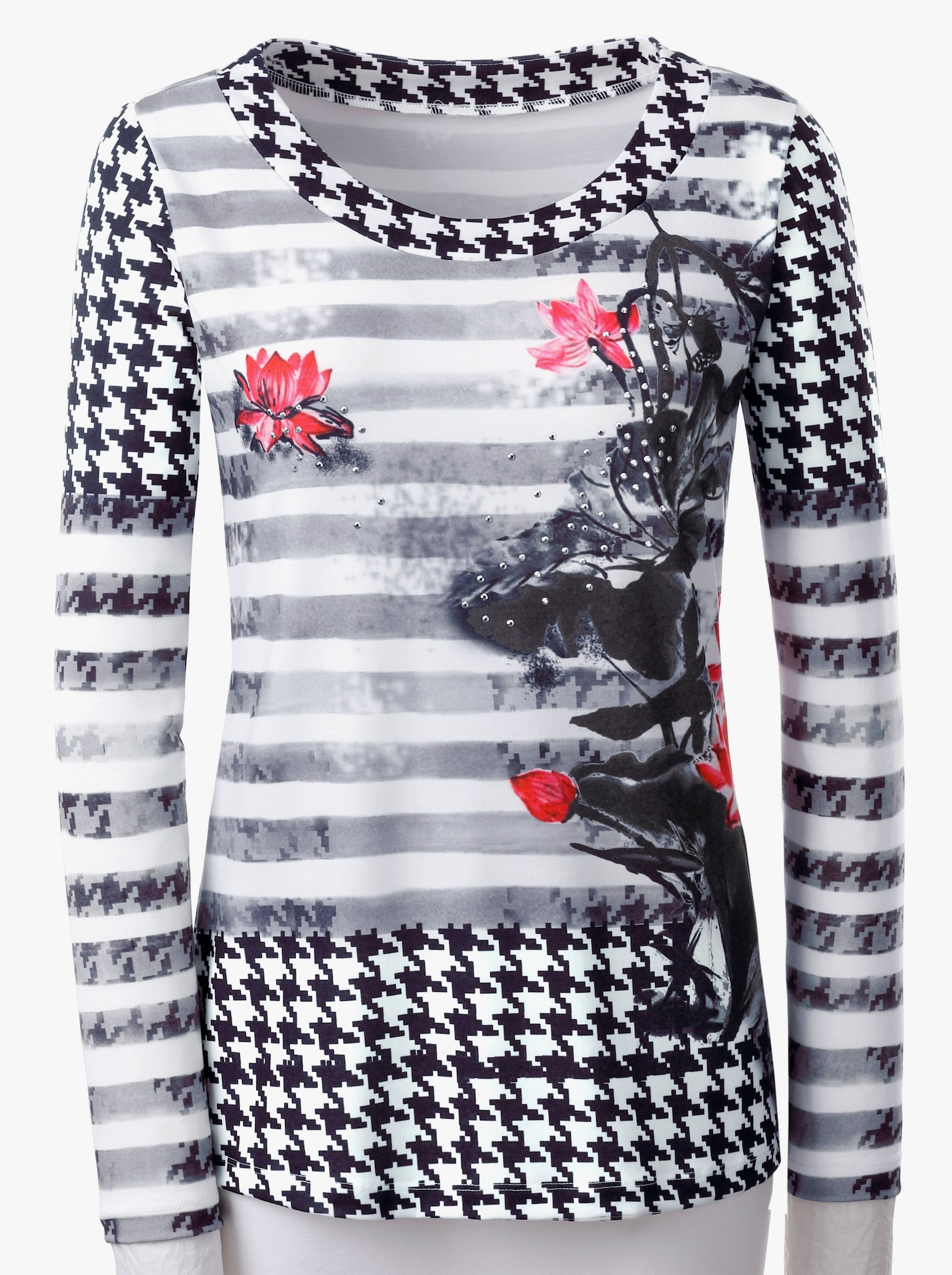 Langarmshirt mit Hahnentritt-Muster - schwarz-rot-bedruckt