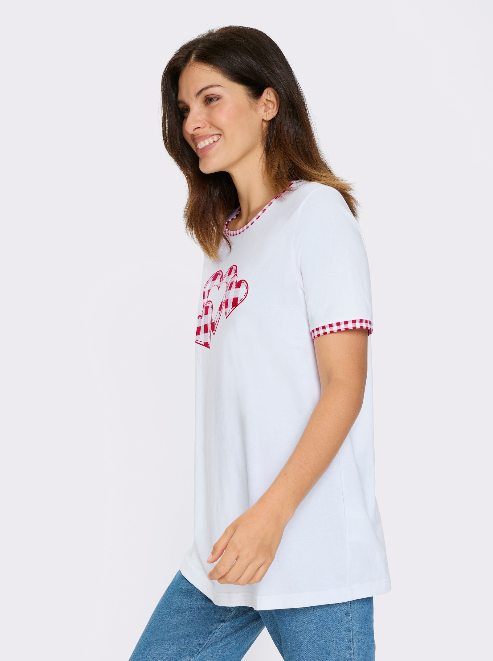 Longshirt mit Herzchen-Motiv - weiss-rot