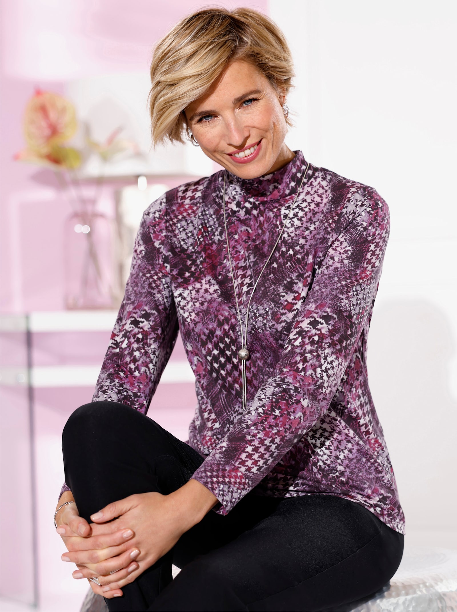 Stehkragenshirt mit Hahnentritt-Muster - bordeaux-schwarz-bedruckt