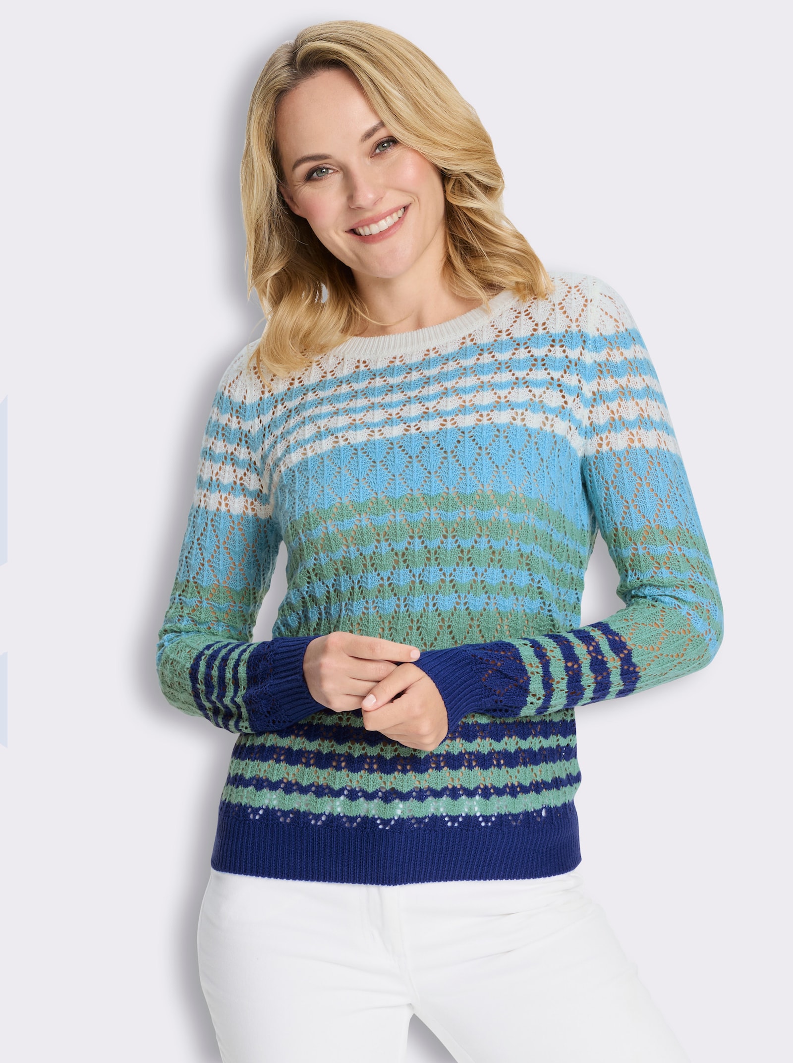 Ajourpullover mit Farbverlauf in Streifen-Optik - ecru-royalblau-gemustert