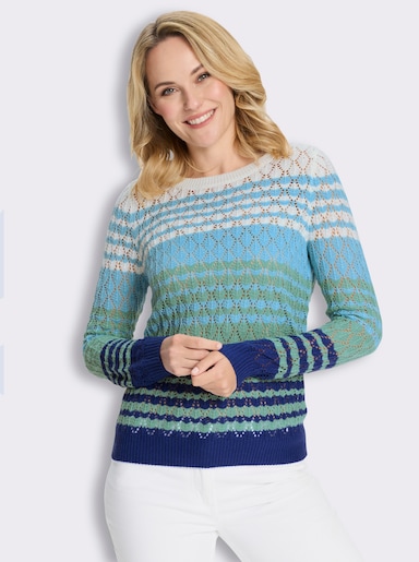 Ajourpullover mit Farbverlauf in Streifen-Optik - ecru-royalblau-gemustert