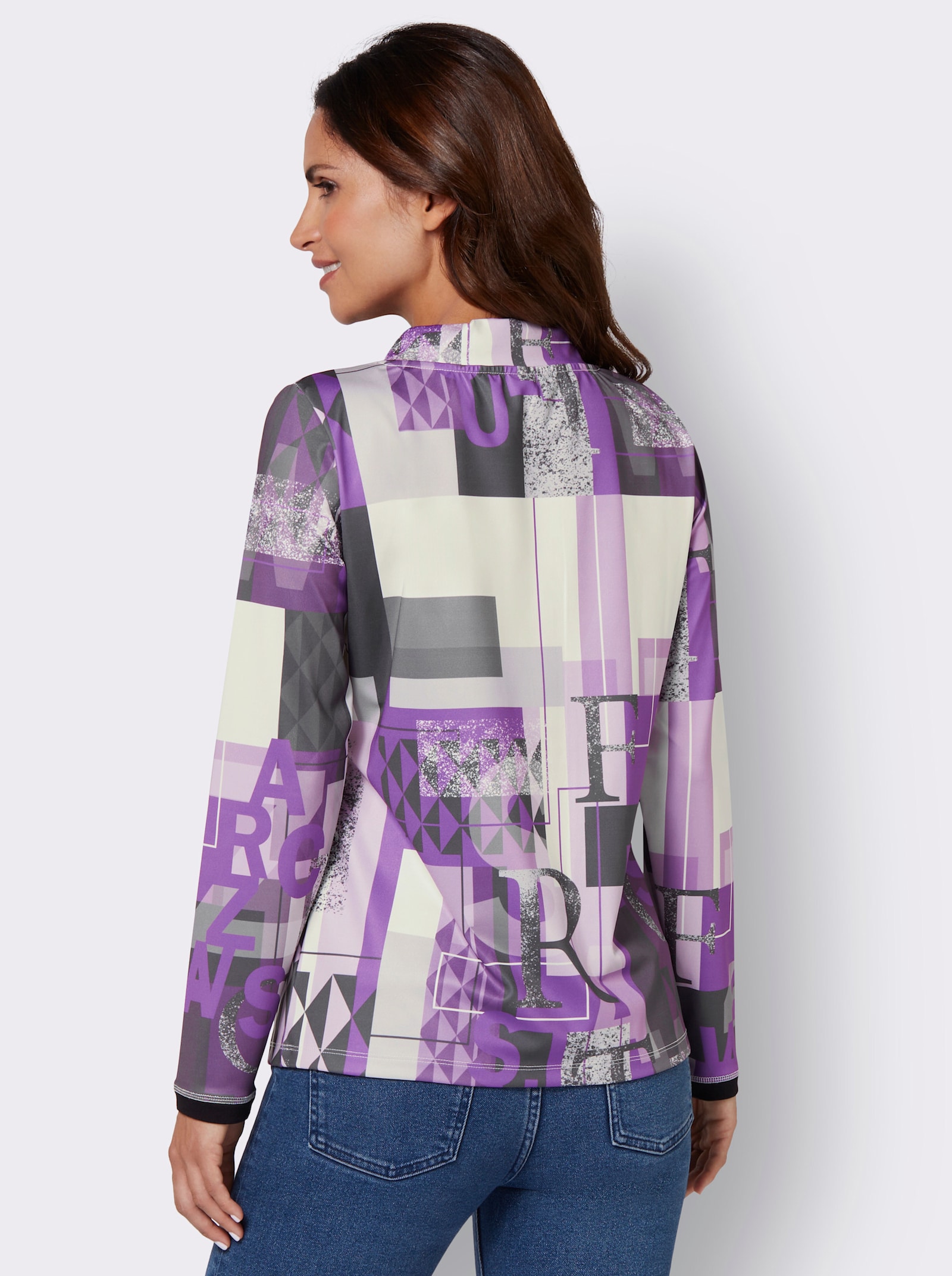 Sweatshirt mit halsfernem Kragen - lila-gemustert