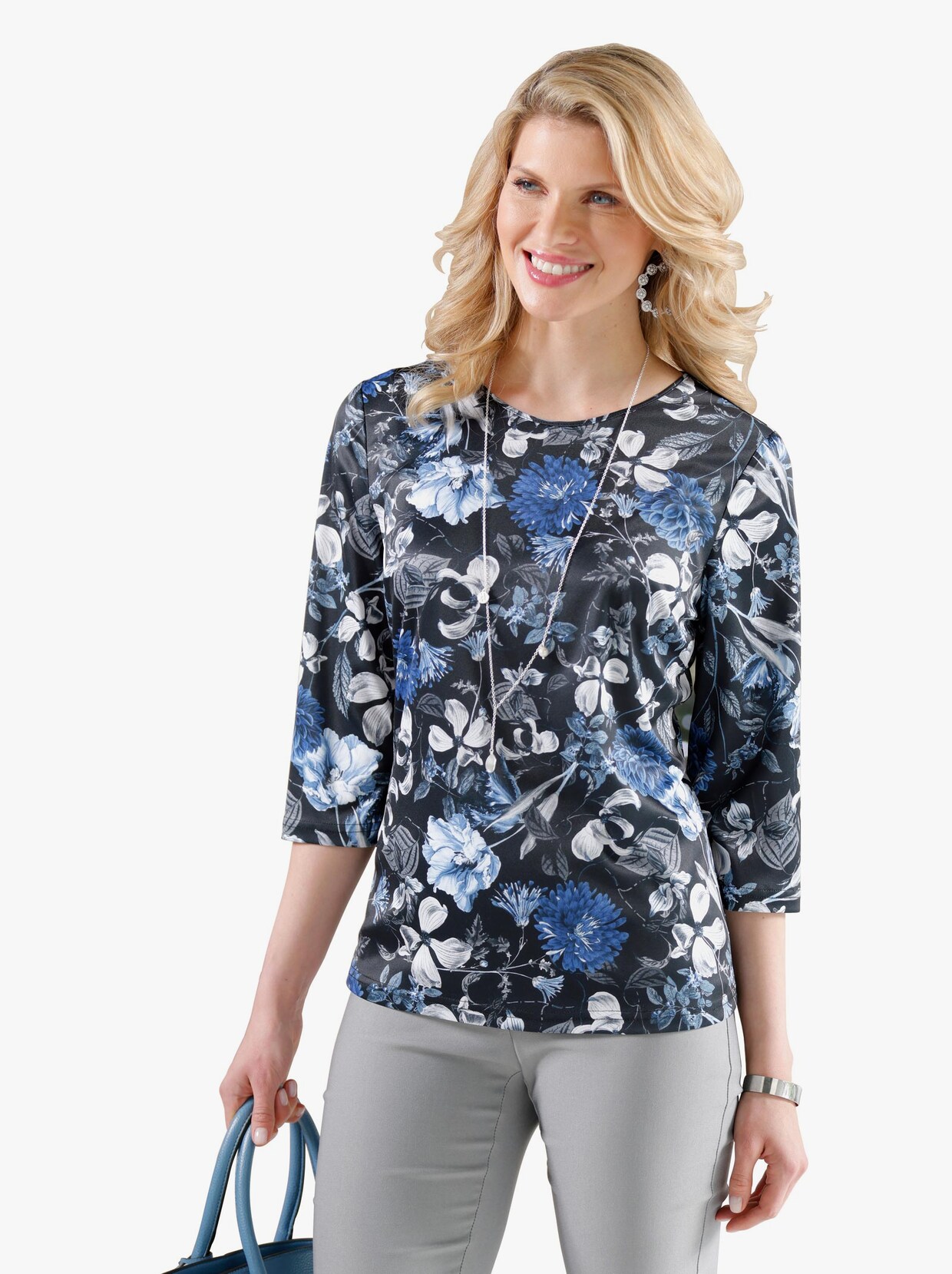 Shirt met 3/4-mouw - zwart/koningsblauw bedrukt
