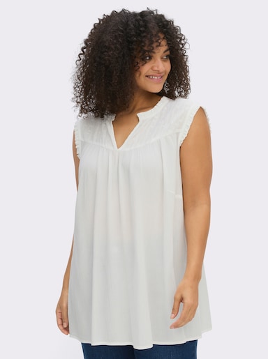 sheego Ärmellose Bluse mit Rüschen und Stickerei - ecru