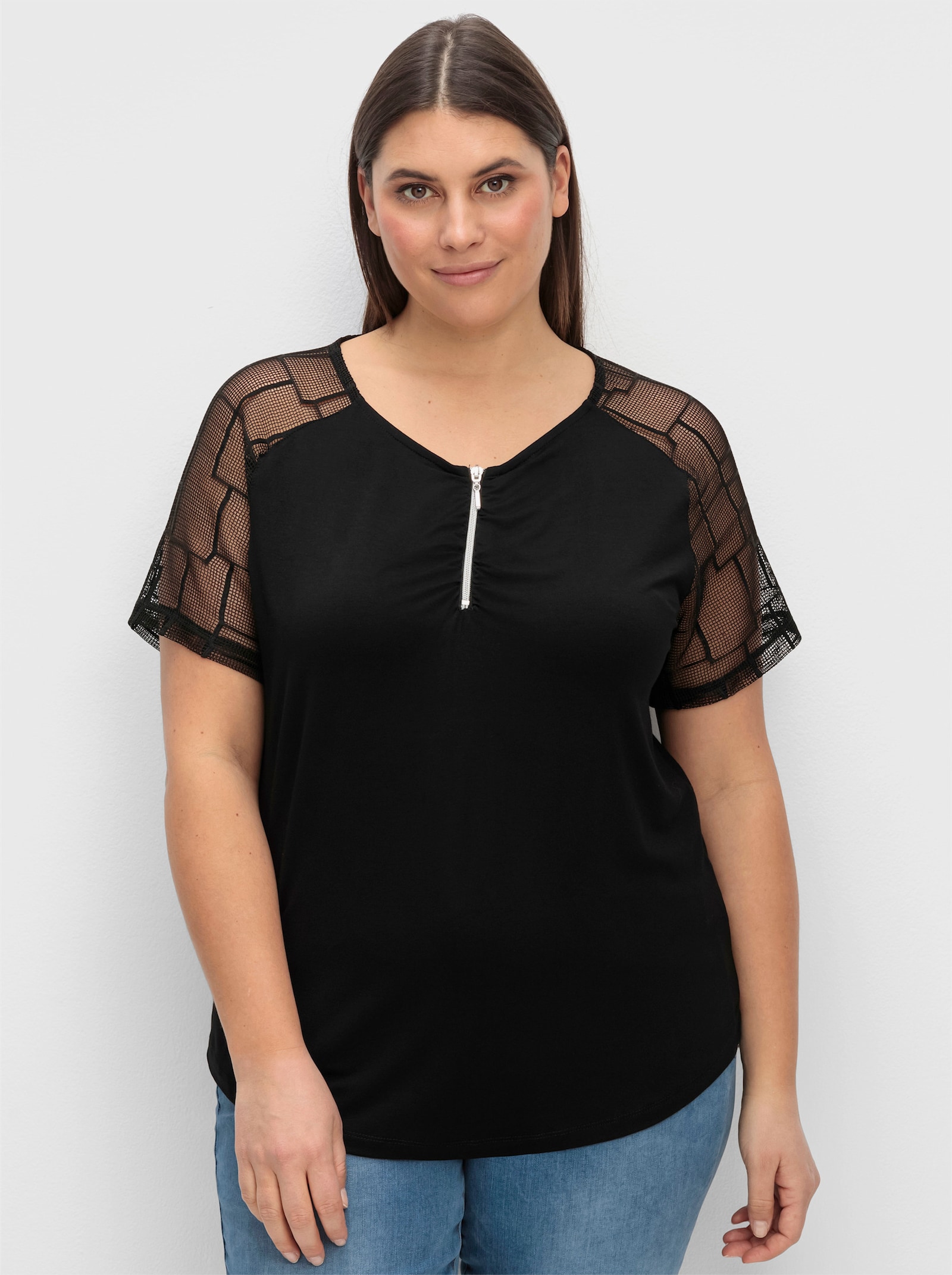 Spitzenshirt mit transparenten Ärmeln - schwarz