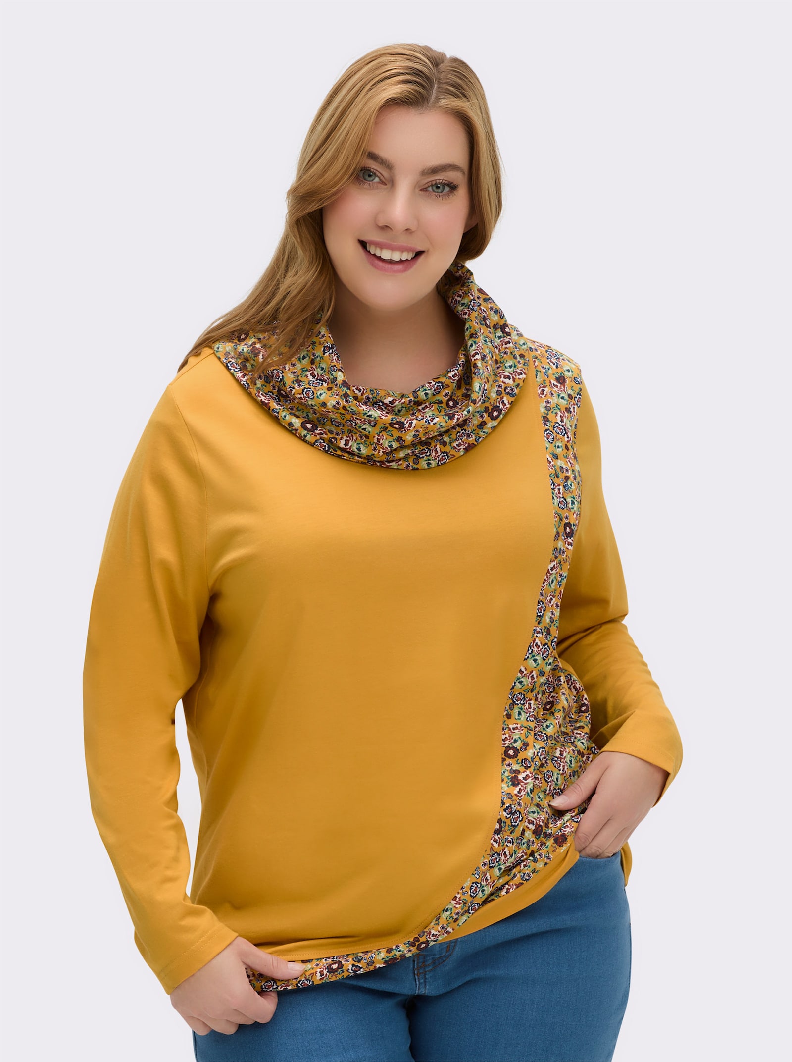 Rollkragenshirt in Wickel-Optik - ocker-marine-gemustert