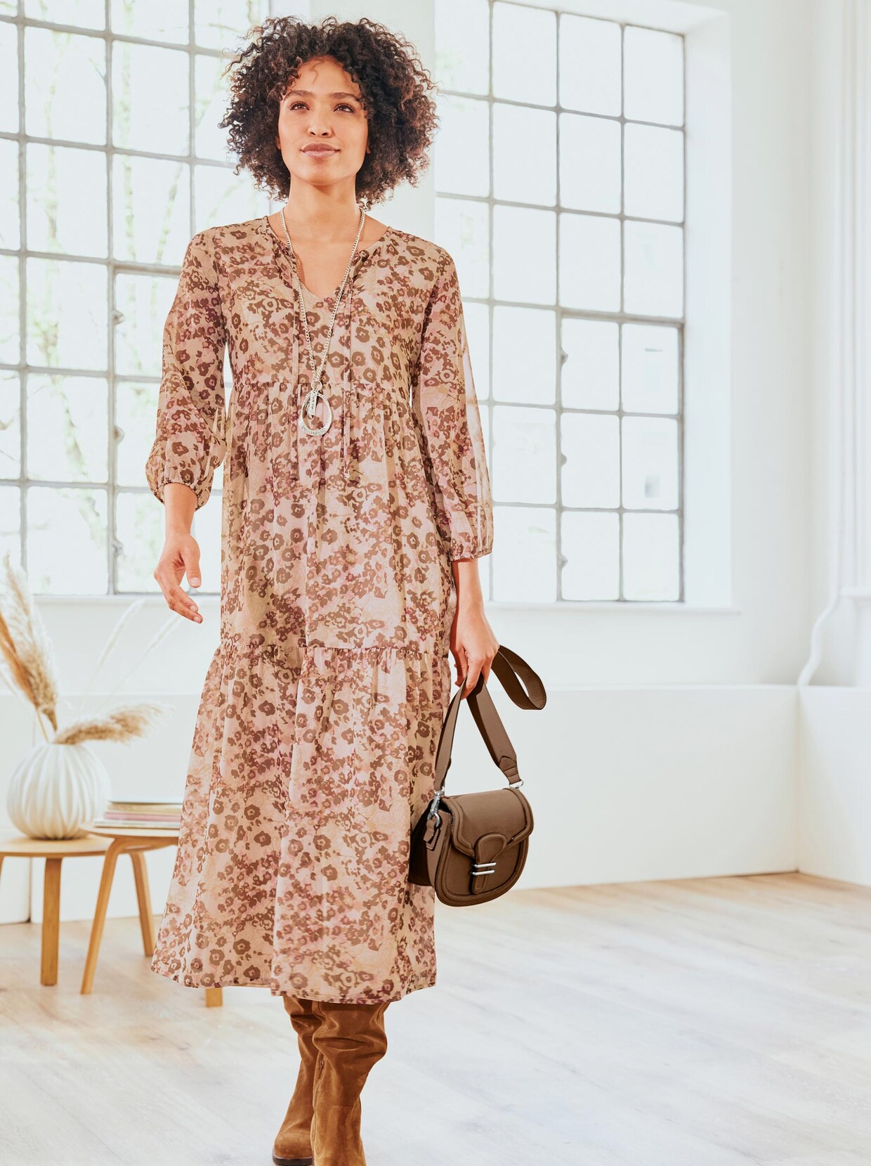 Linea Tesini Druck-Kleid - elfenbein-camel-bedruckt