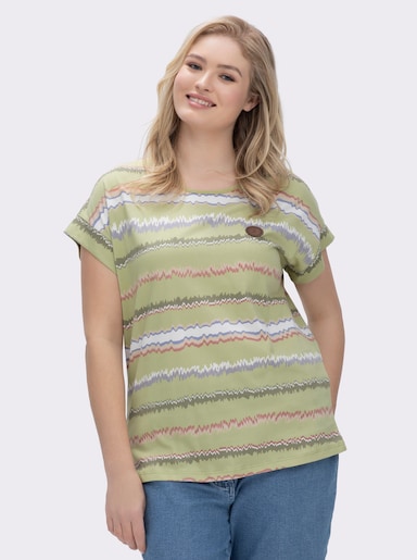Print-Shirt mit Ziernähten, geringelt - lindgrün-ecru-bedruckt
