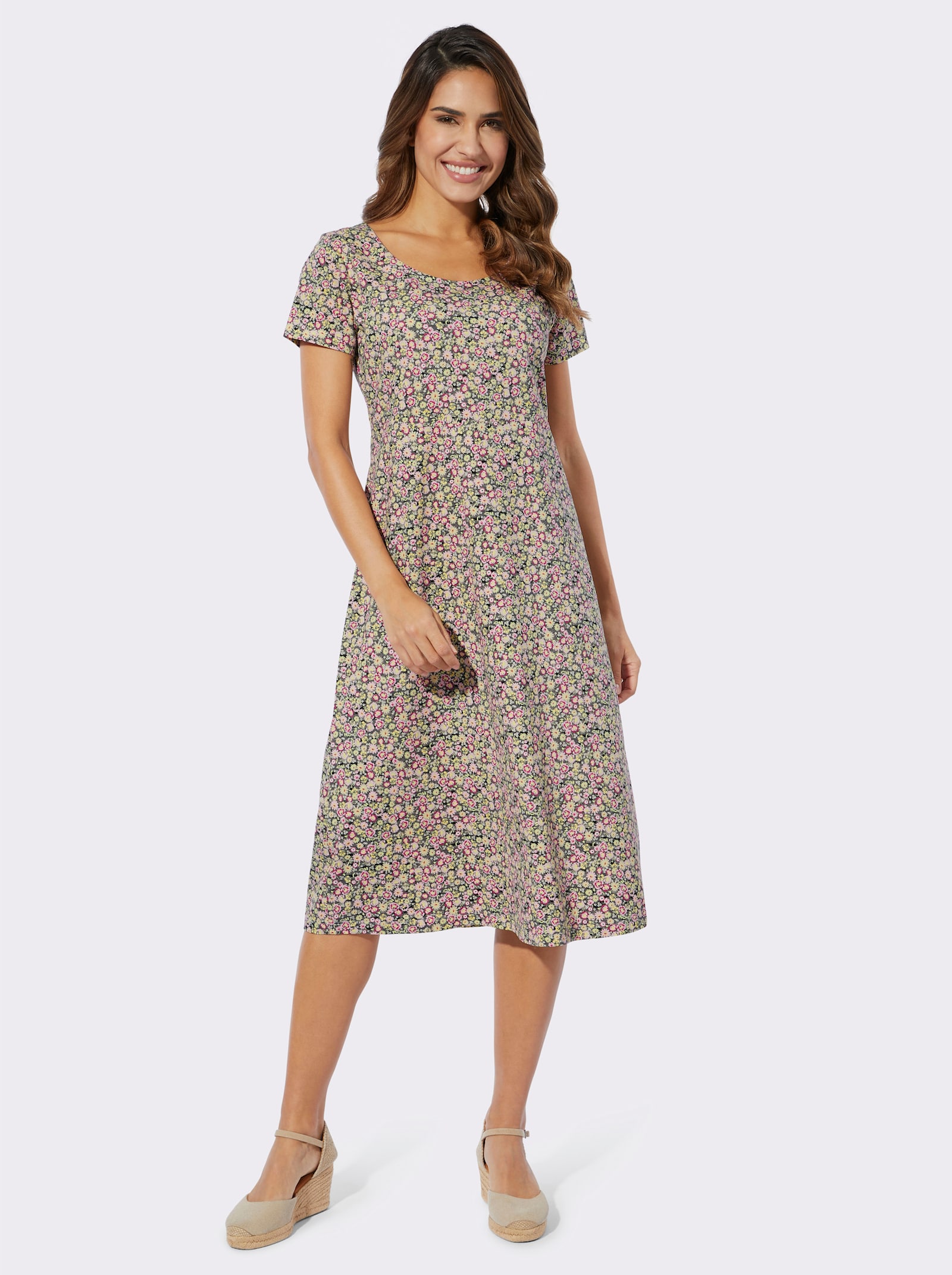 Jerseyjurk met millefleurs-print - antraciet/roze bedrukt