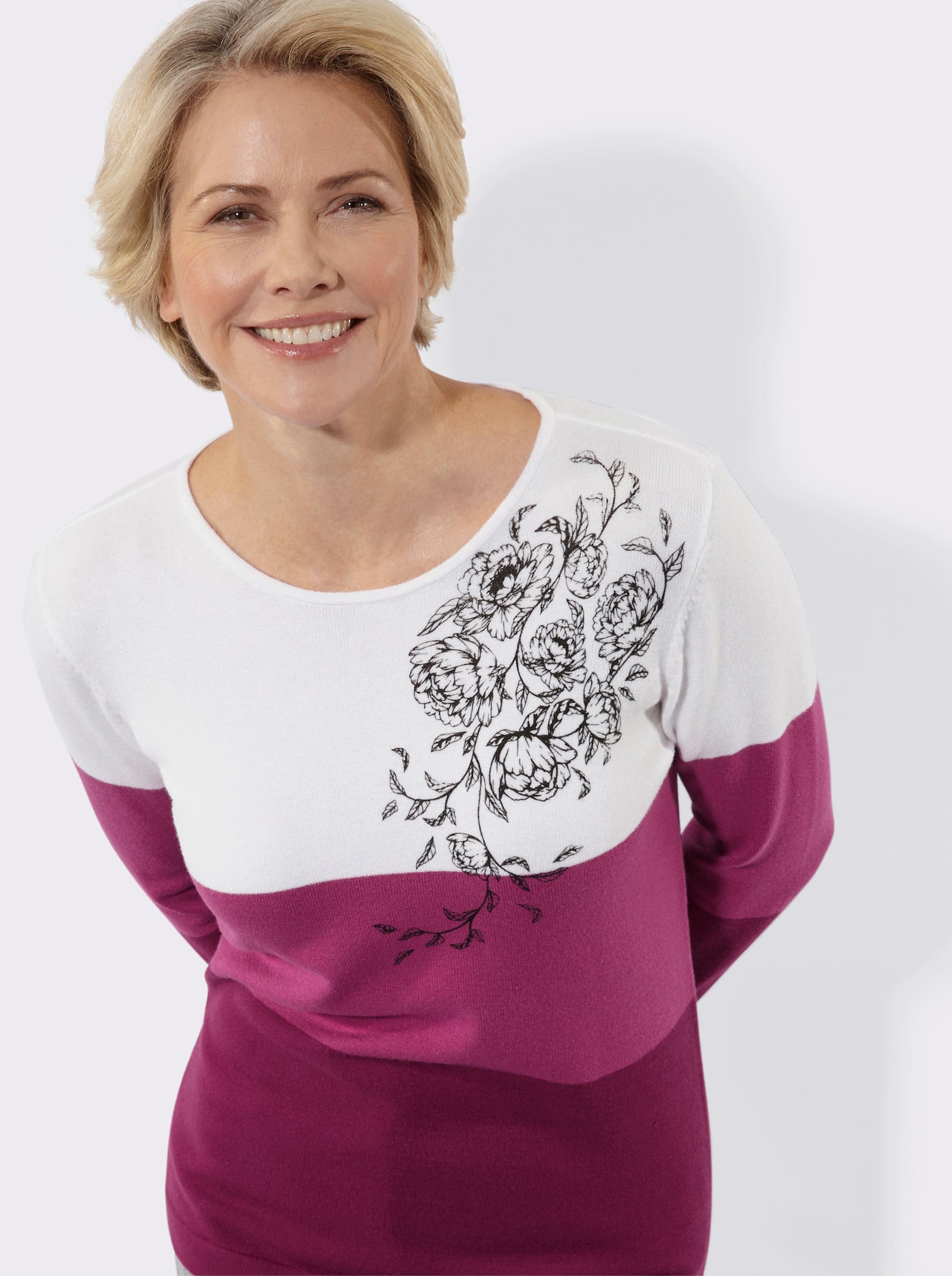 Langarm-Pullover mit platziertem Druck - malve-ecru-gemustert