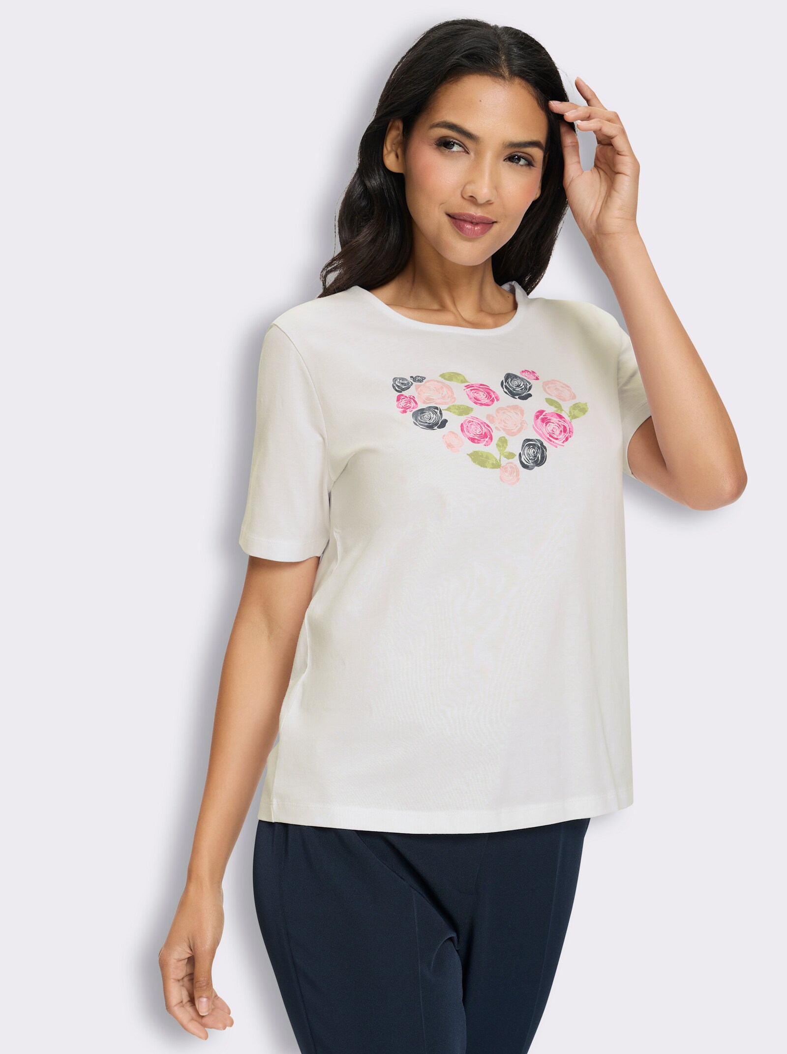 Kurzarmshirt mit Herz-Motiv aus Blüten - weiß-fuchsia